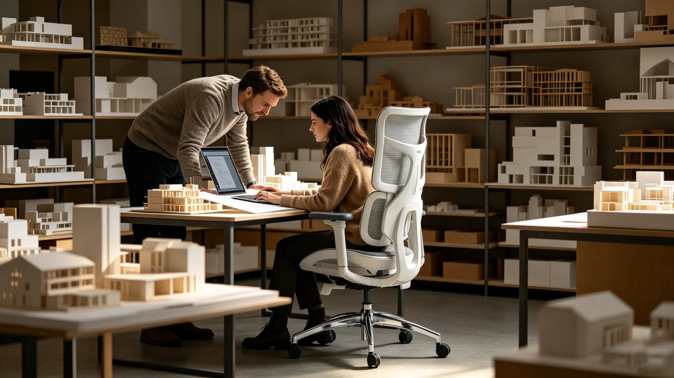 Full body view of Soren Lundberg standing in a sun-drenched architecture studio next to a high-end minimalist ergonomic office chair.