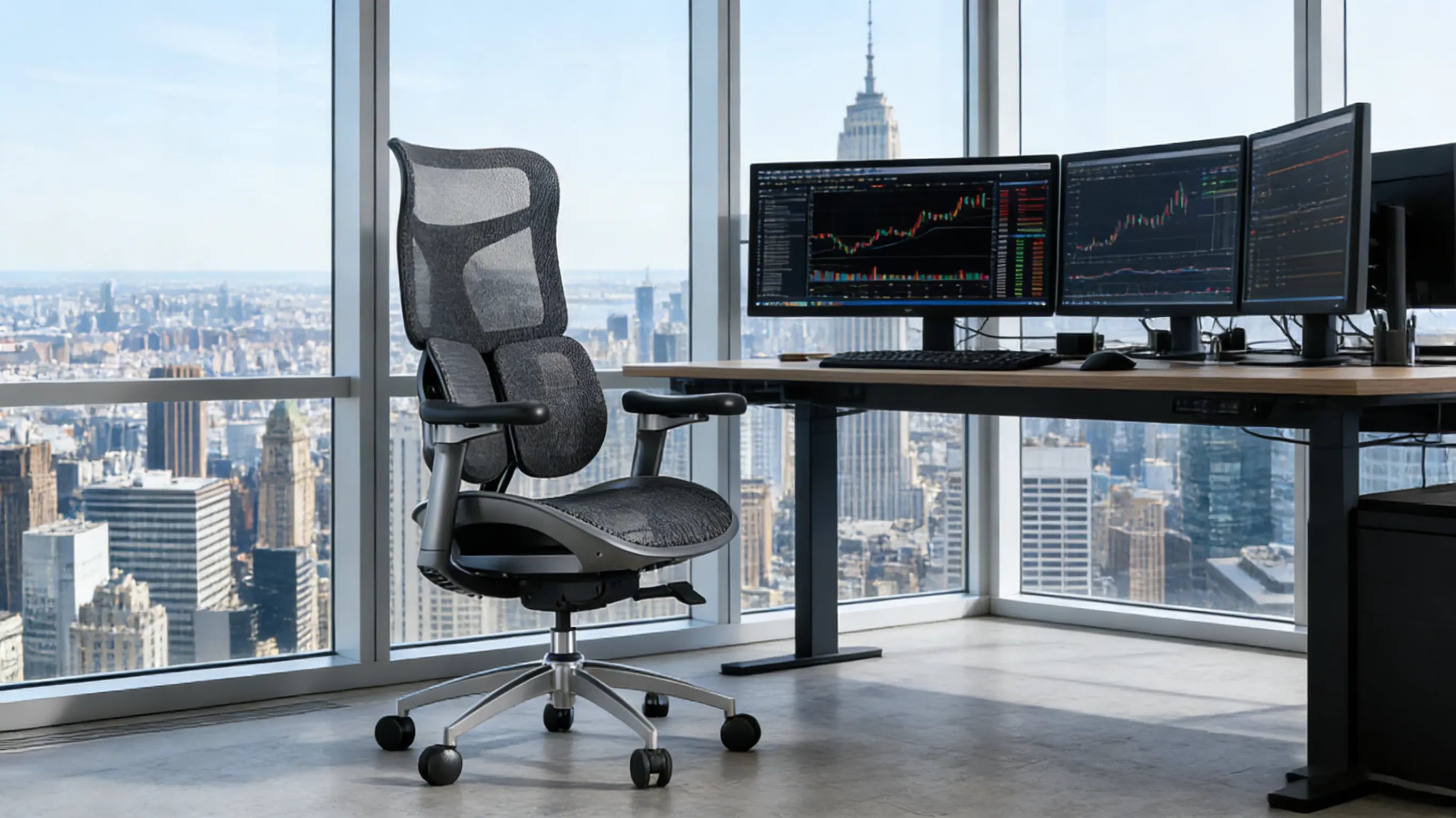 The Ergo Select Hybrid, labeled as the best ergo desk chair, positioned in a professional multi-monitor trading environment.