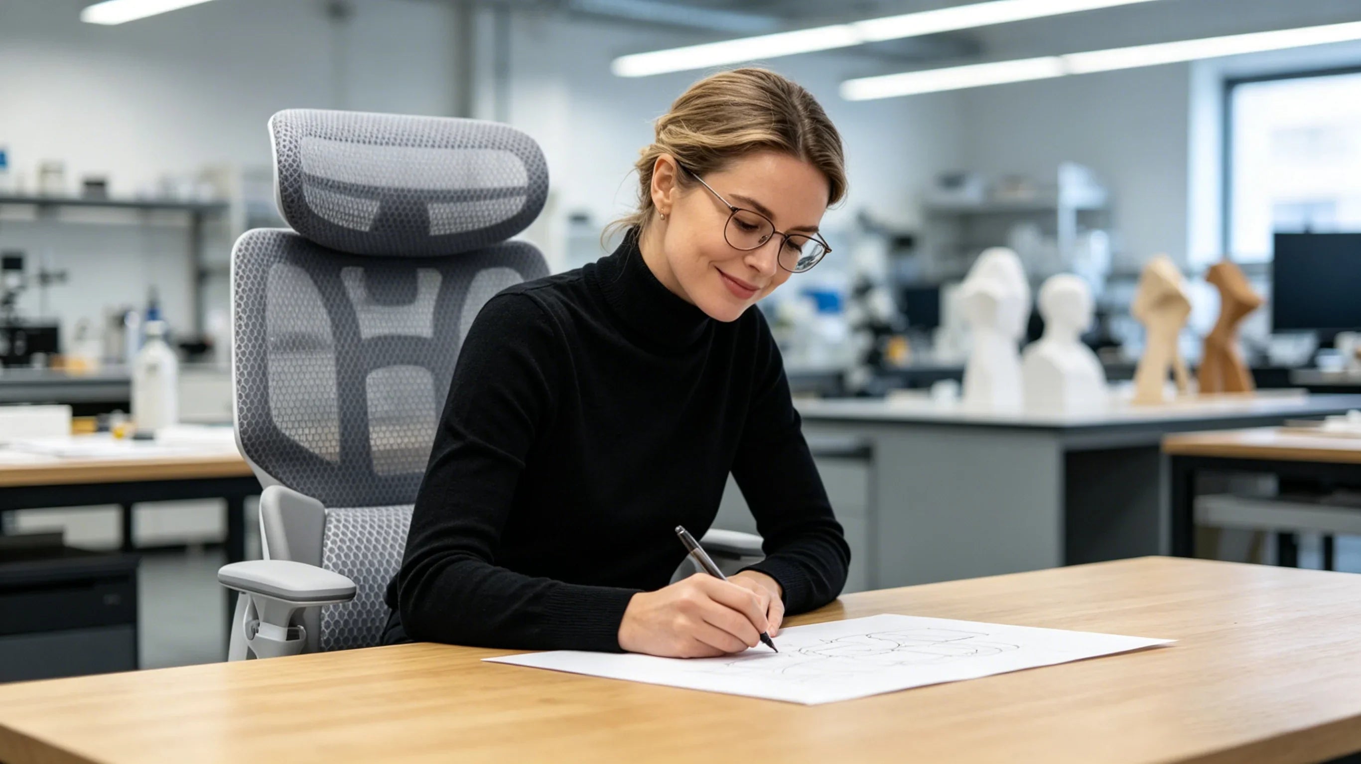 A professional European designer testing the support of the [**best ergo desk chair**].