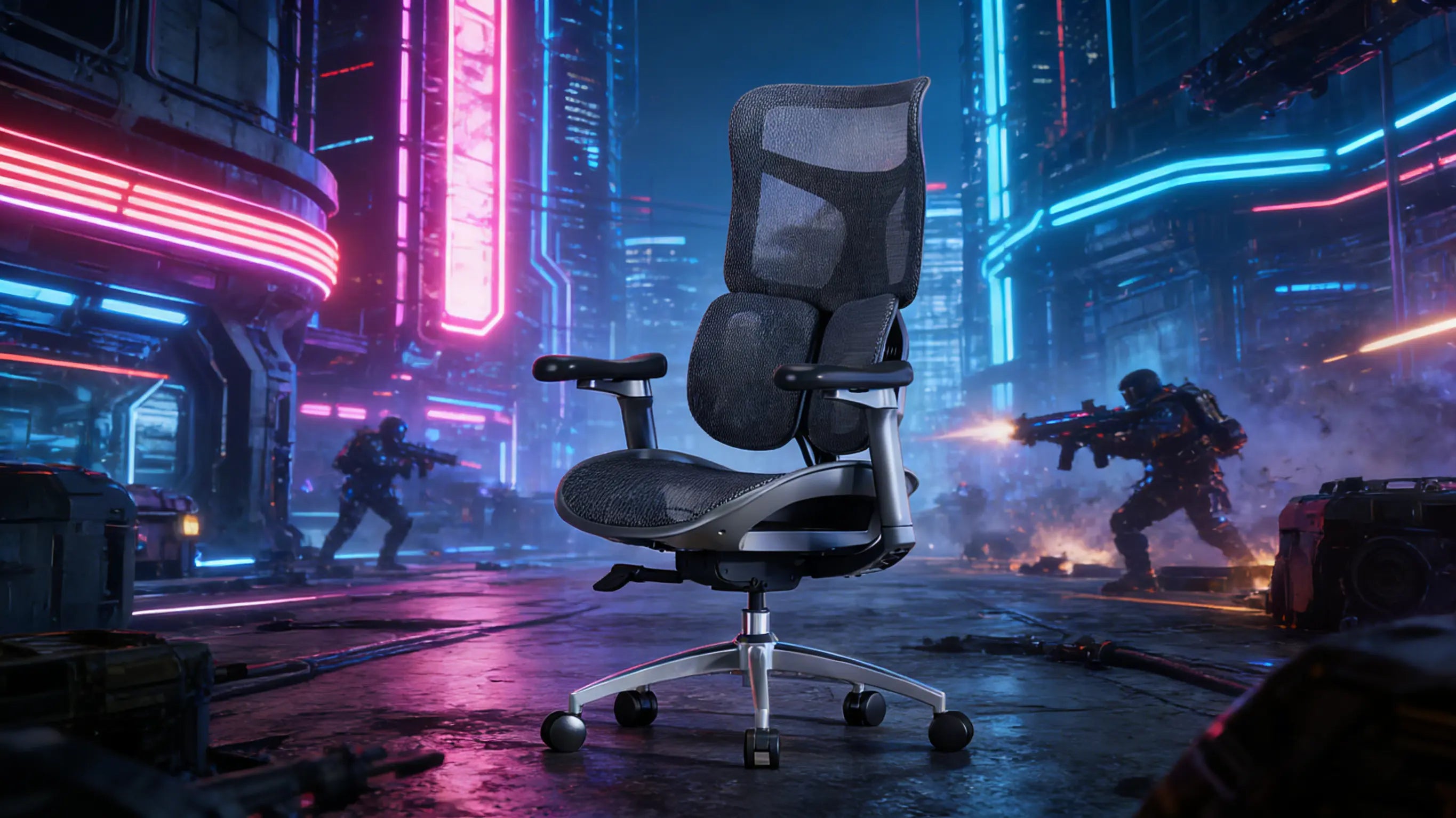Ergo Select Hybrid: A premium ergo gaming chair featuring active dual-wing dynamic lumbar support and a split-back design for ultimate gaming posture.