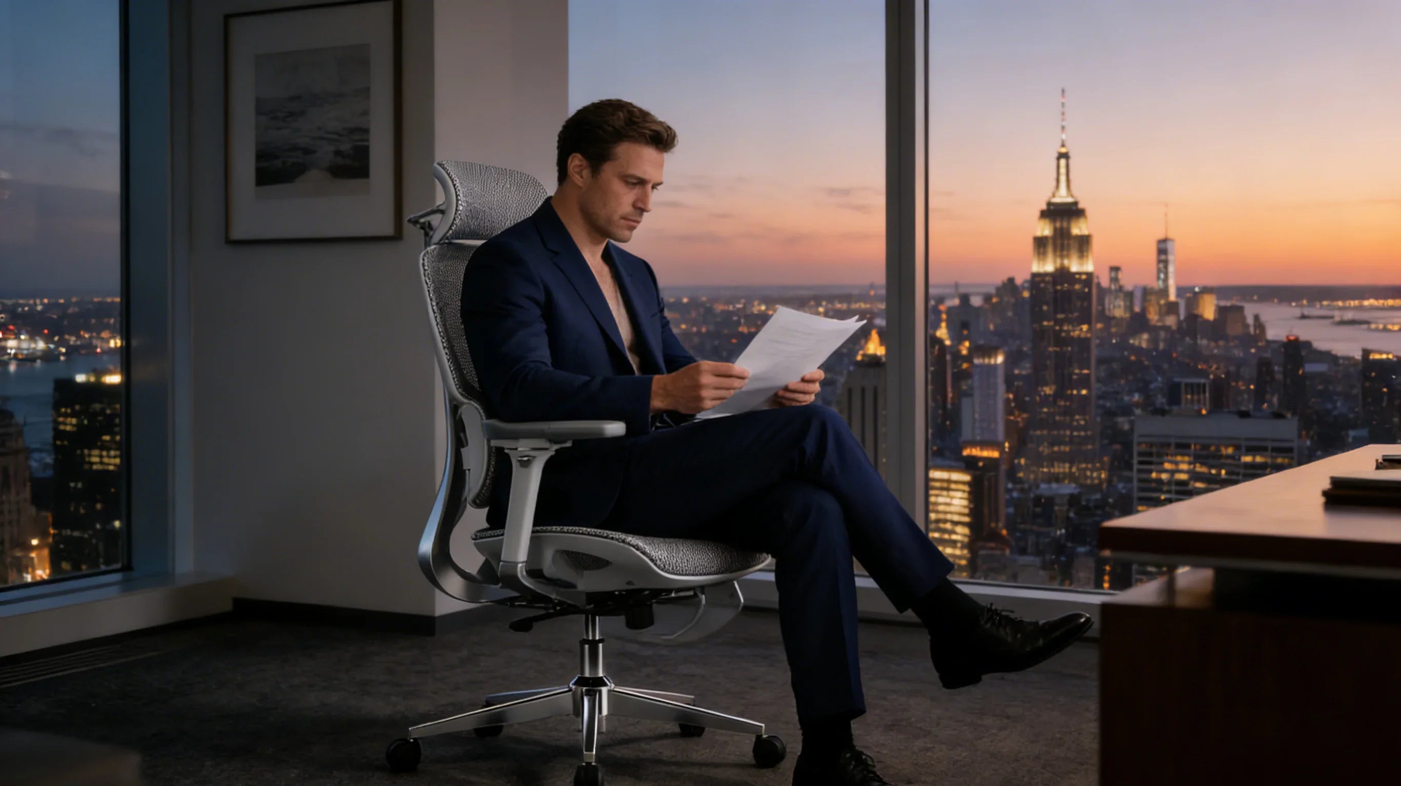 A senior European executive leaning back in the [**best ergo office chair**].