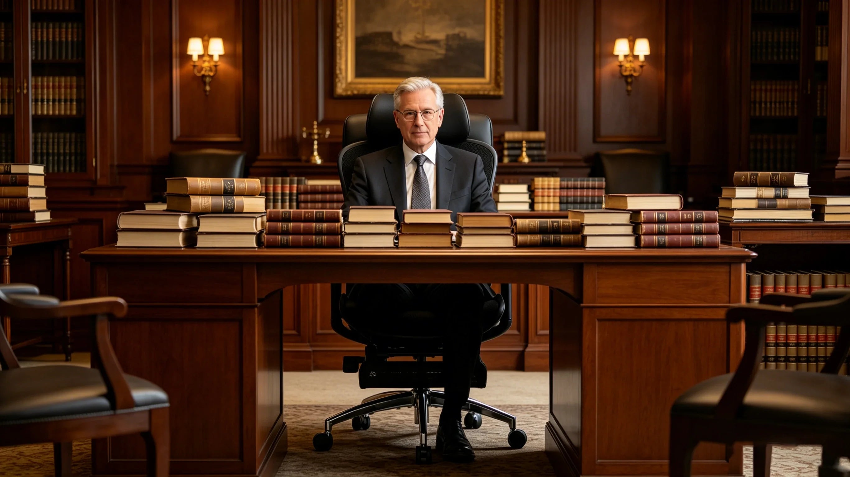 Full view of a 50-year-old lawyer in a blue shirt and tie sitting in the [best ergo office chair] within a wood-paneled office.