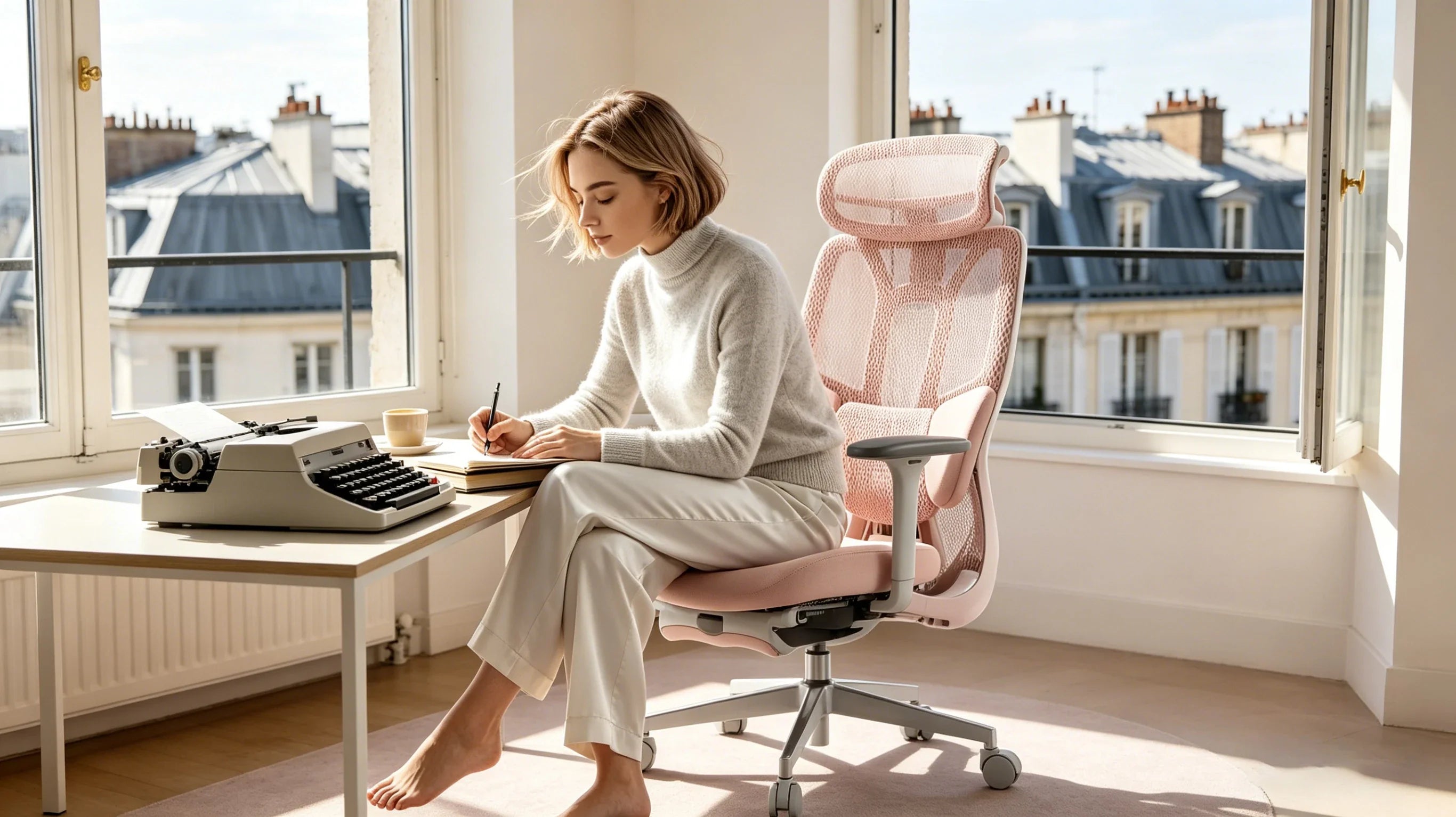 Isabella typing her novel in the pink [best ergo office chair].