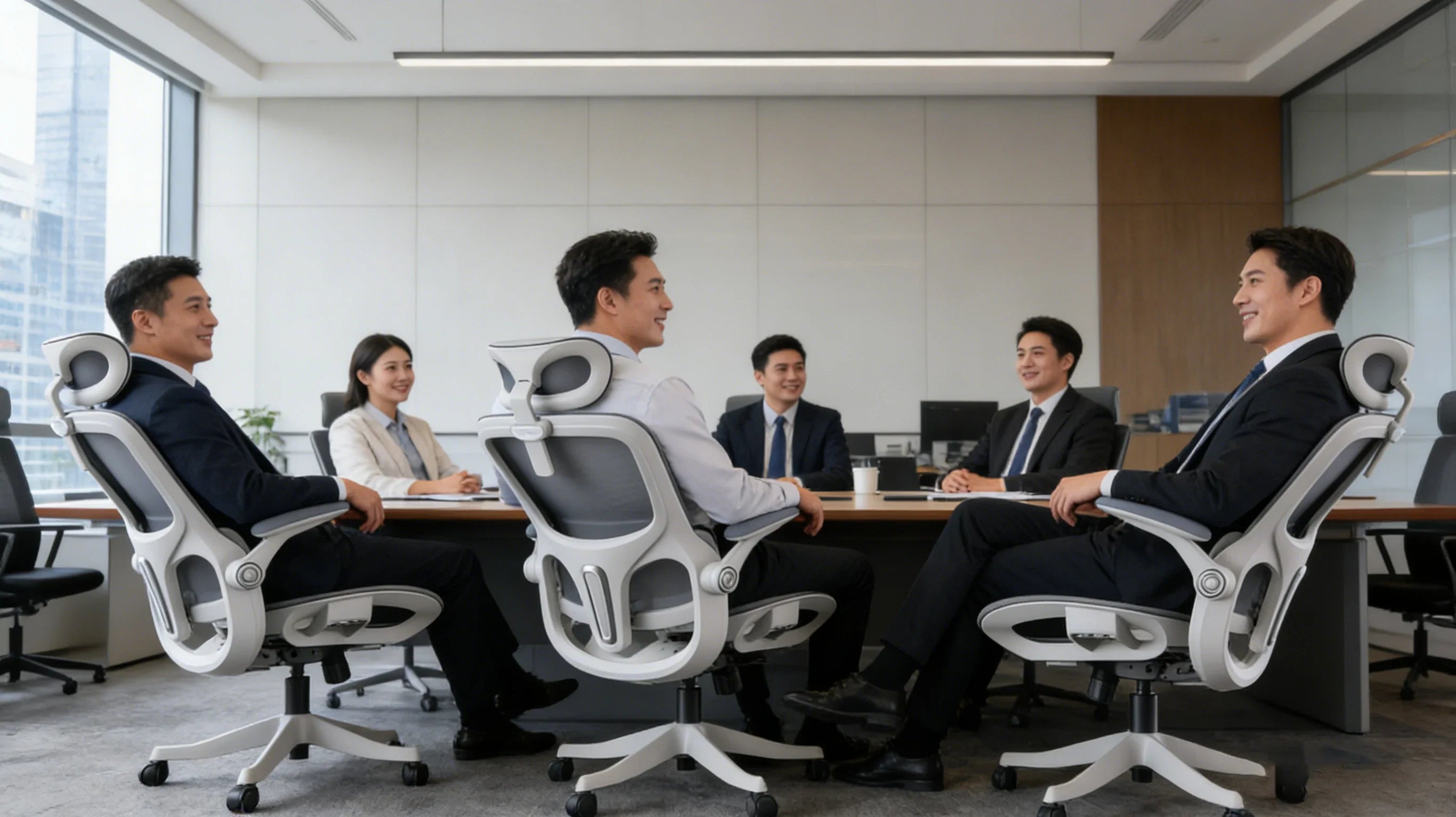 A group of executive analysts collaborating in a professional glass-walled conference room using high-back ergonomic chairs office chair.