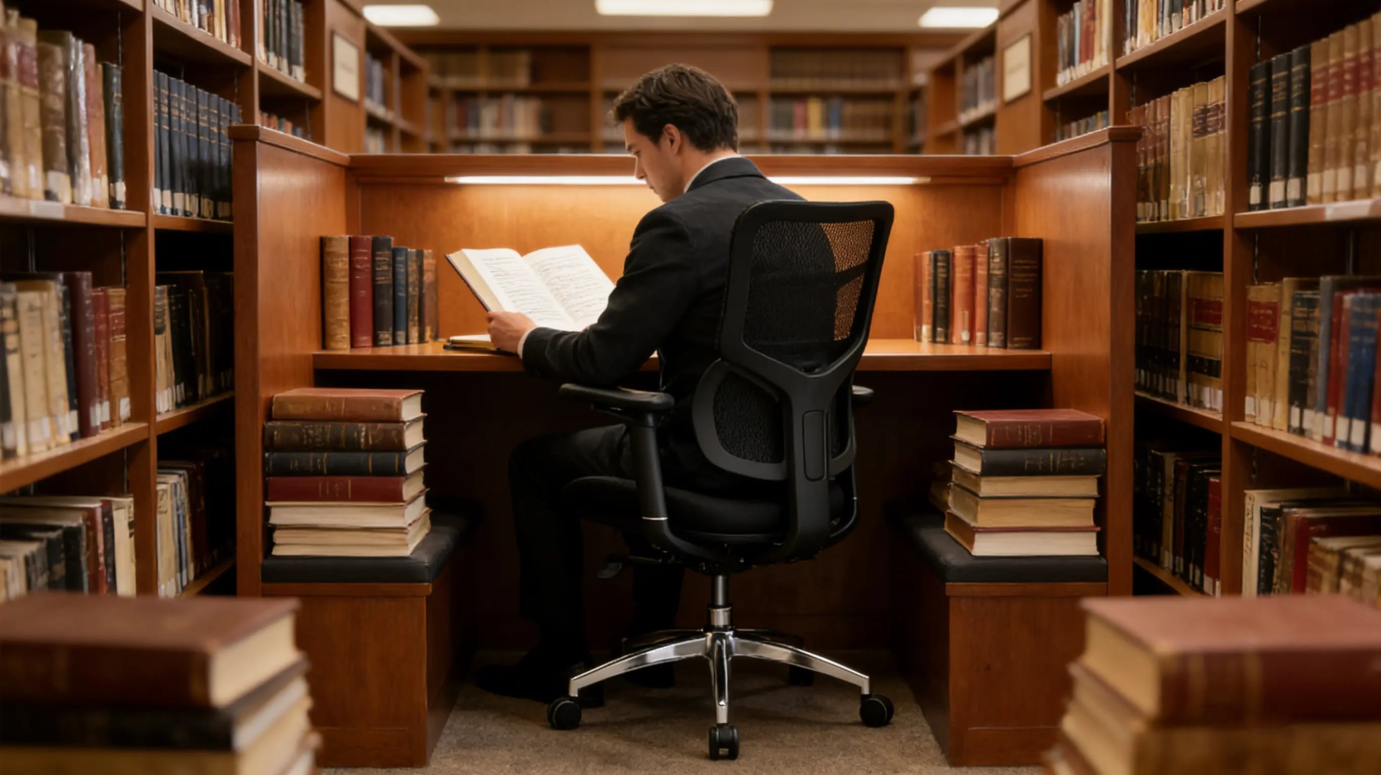 he Ergo Select Hybrid, the best ergonomic desk chair for attorneys, featured in a high-end law firm environment.