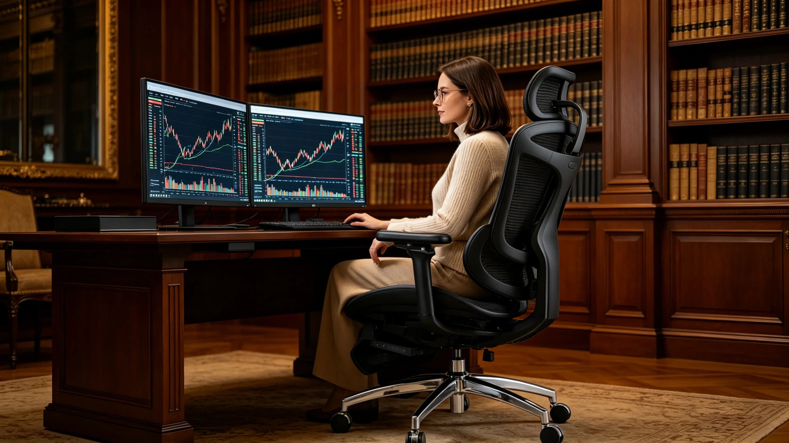 Full view of a 38-year-old female analyst in a beige sweater sitting in the [best ergonomic office chair] in her home office.