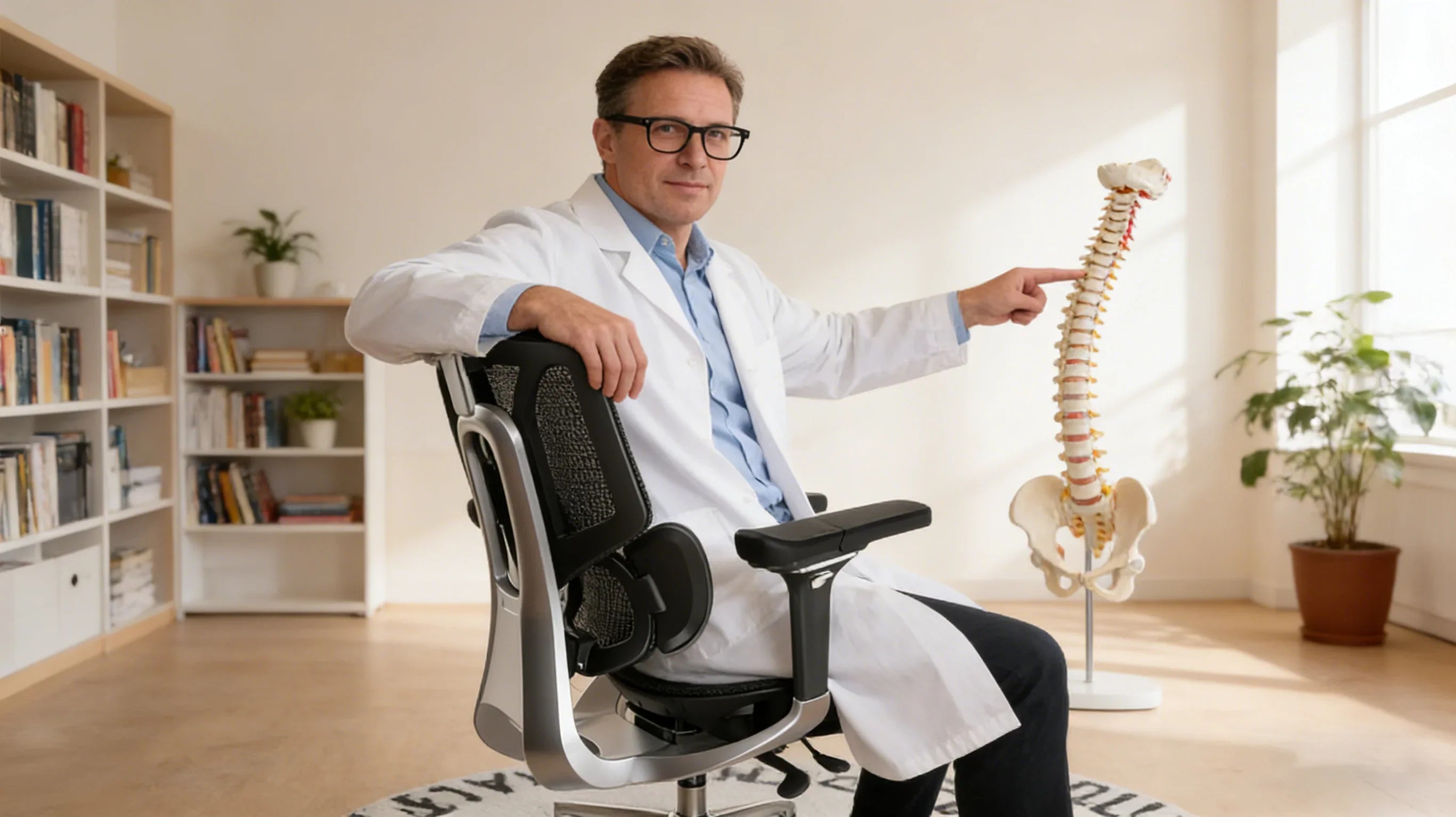 A European physical therapist demonstrating the [**best ergonomic office chair**].