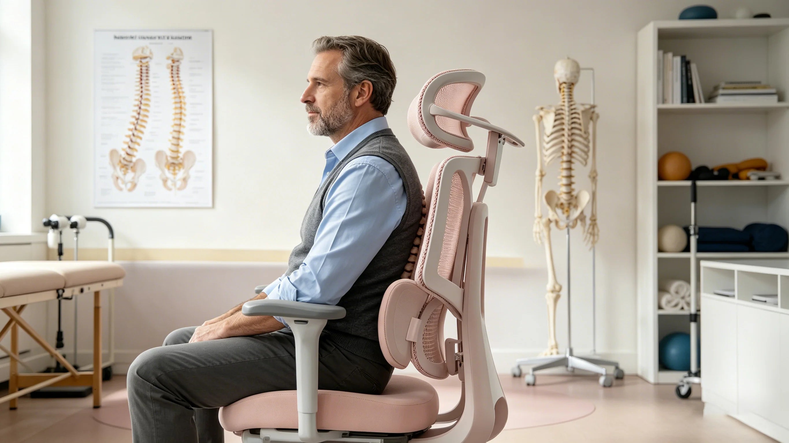 Dr. Julian pointing to the spinal support features of the [best ergonomic office chair].
