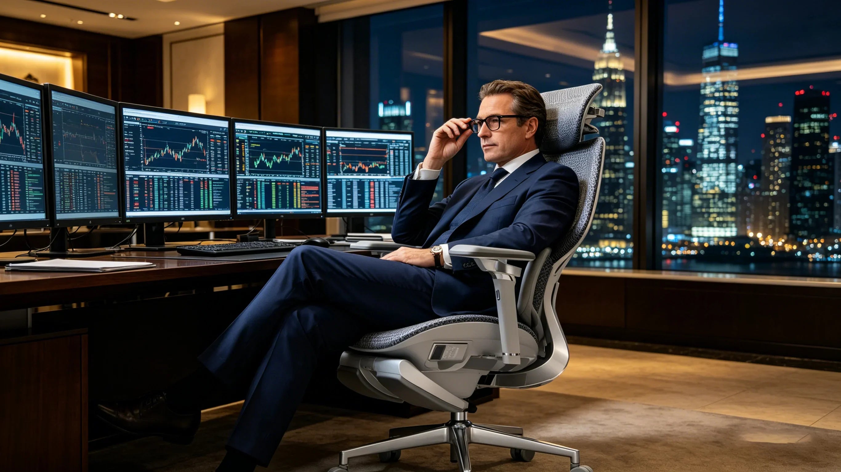 A senior European financial analyst evaluating his workflow in the [**best ergonomic office chair**].