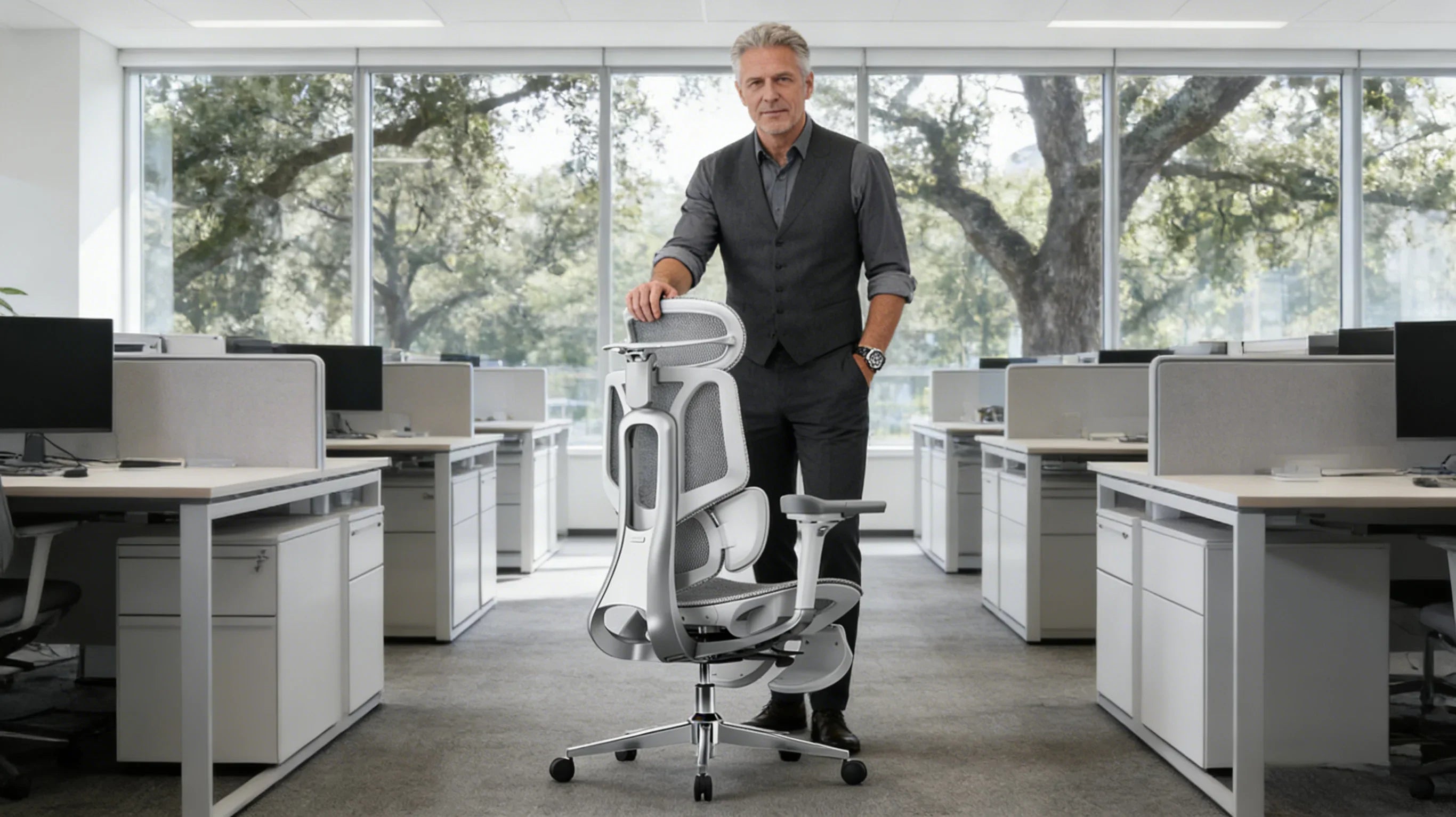 A professional designer presenting the [**best ergonomic office chair**] in a modern office.