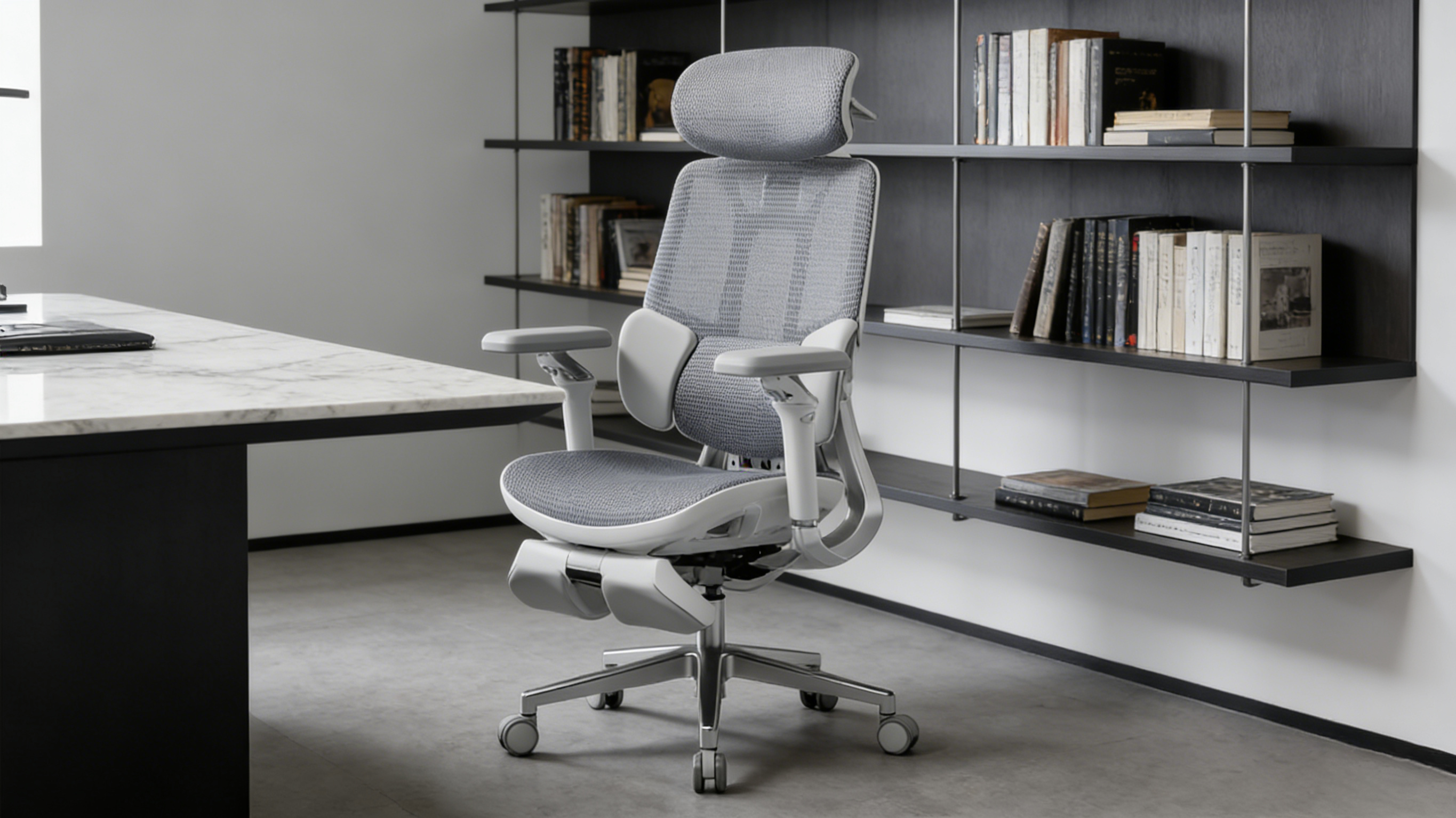 High-back ergonomic office chair with dynamic lumbar tracking for spine health.