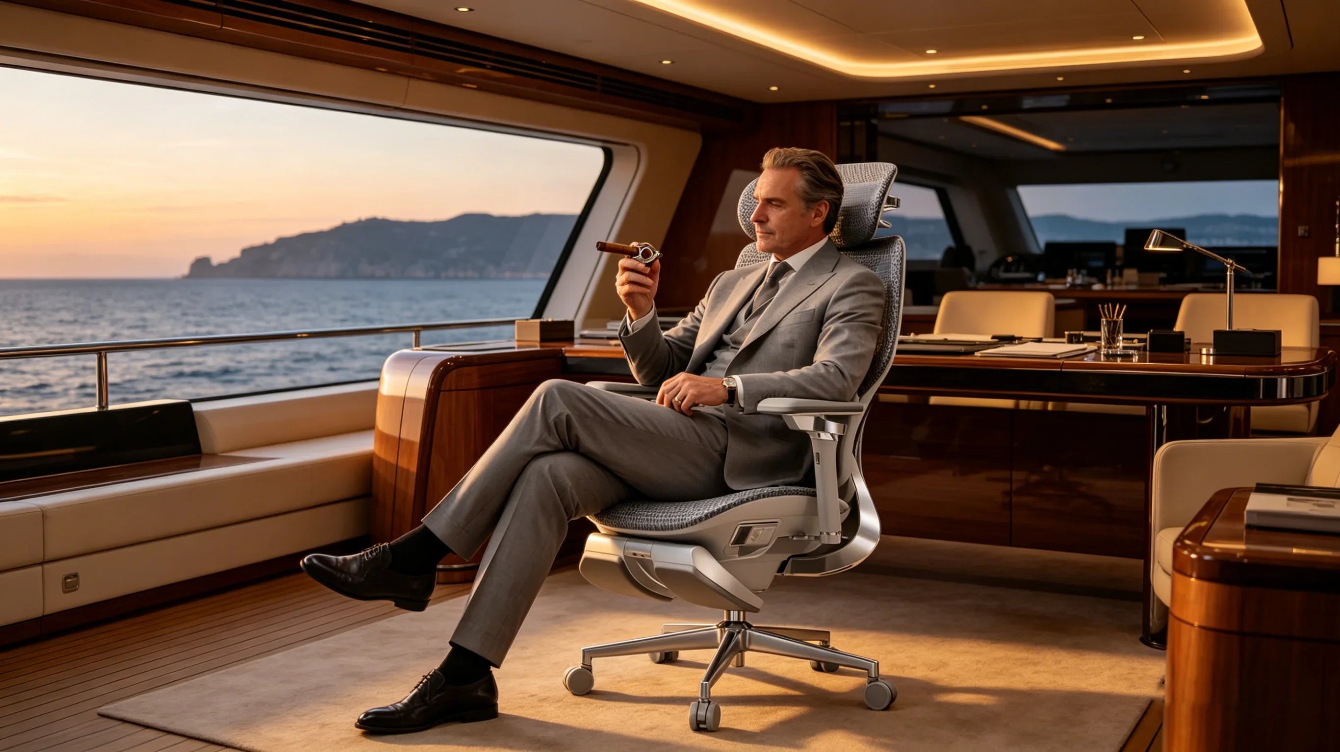 A European spatial designer reviewing the [**best ergonomic office desk chair**] in Monaco.