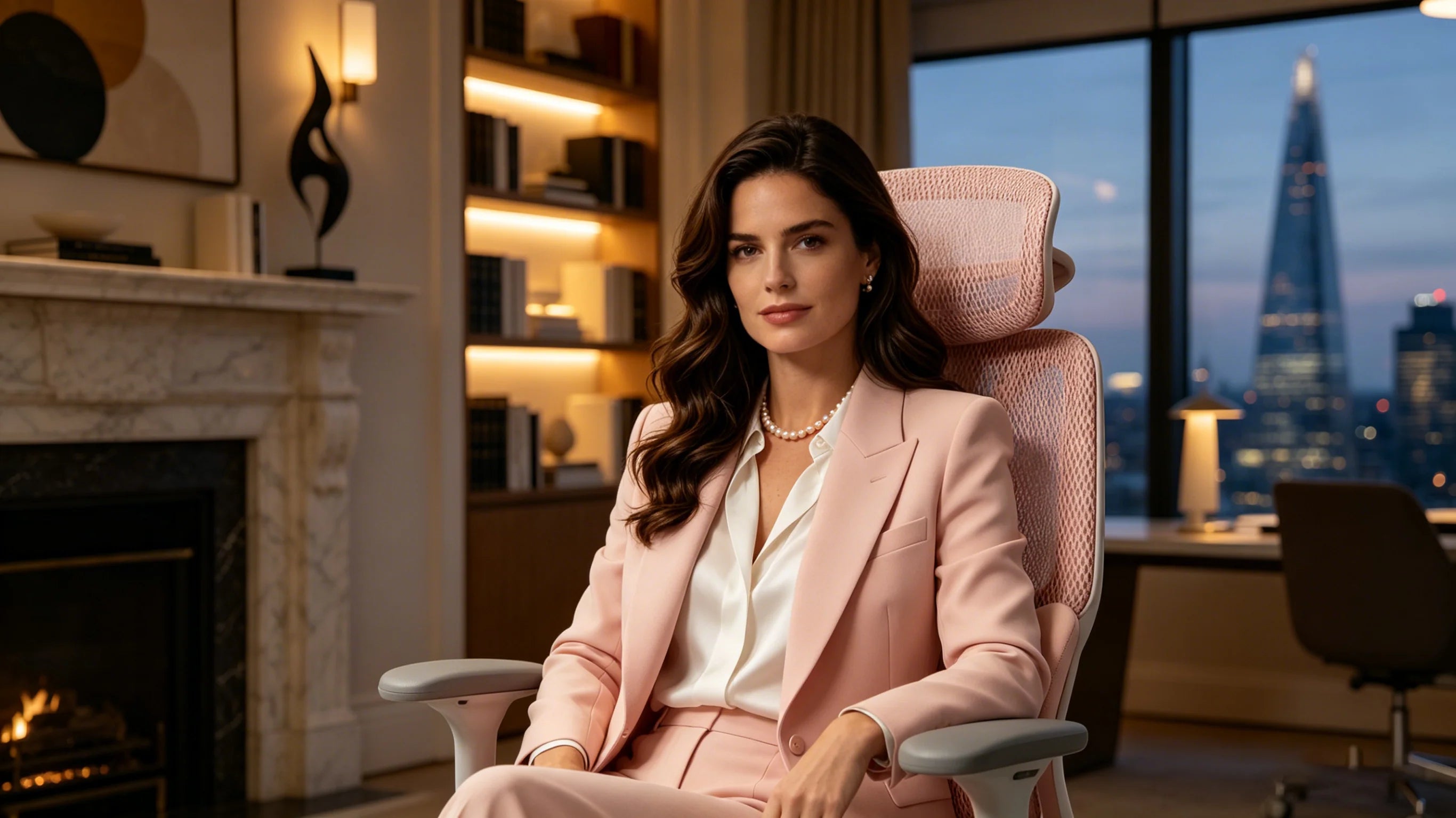 Sienna hosting a meeting in her London office in the [best ergonomic office desk chair].
