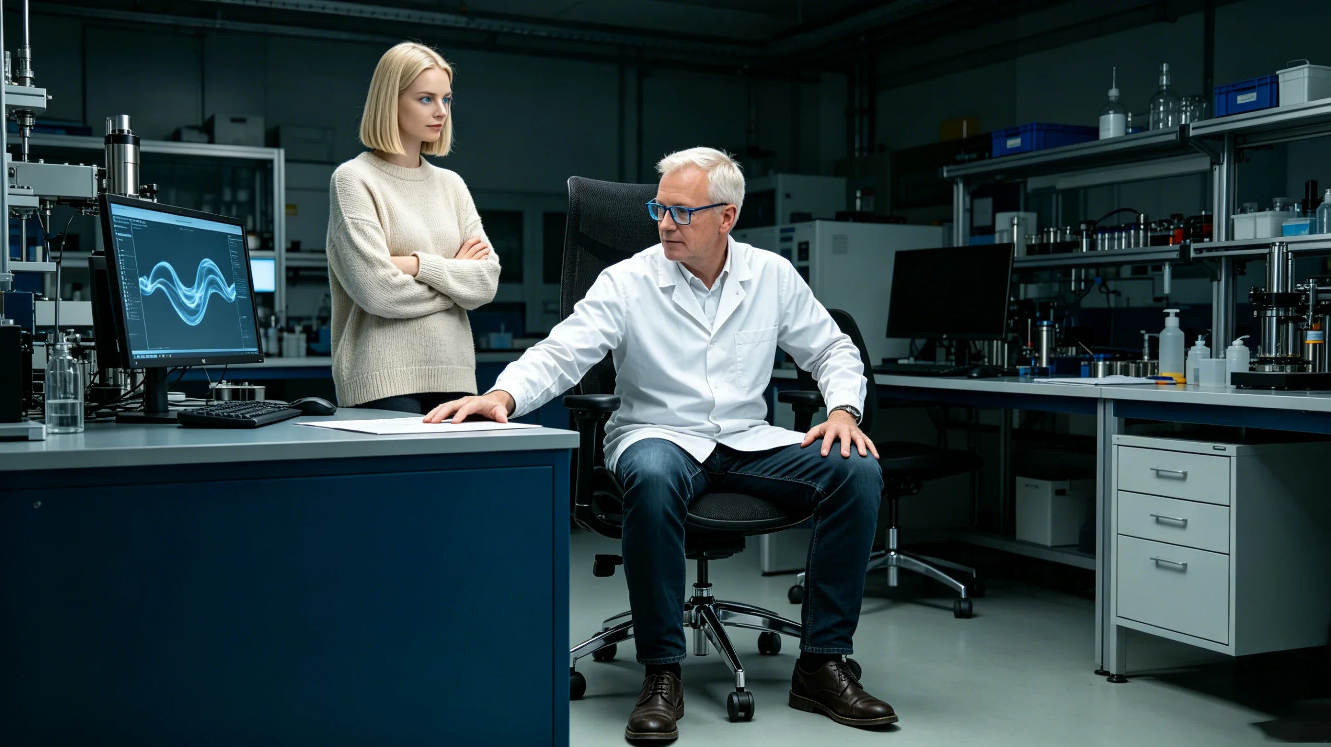 Full body shot of Dr. Nils Sorrensen analyzing a thermal ice-shelf layout while utilizing the [best ergonomic office desk chair] at the blue supercomputing counter.