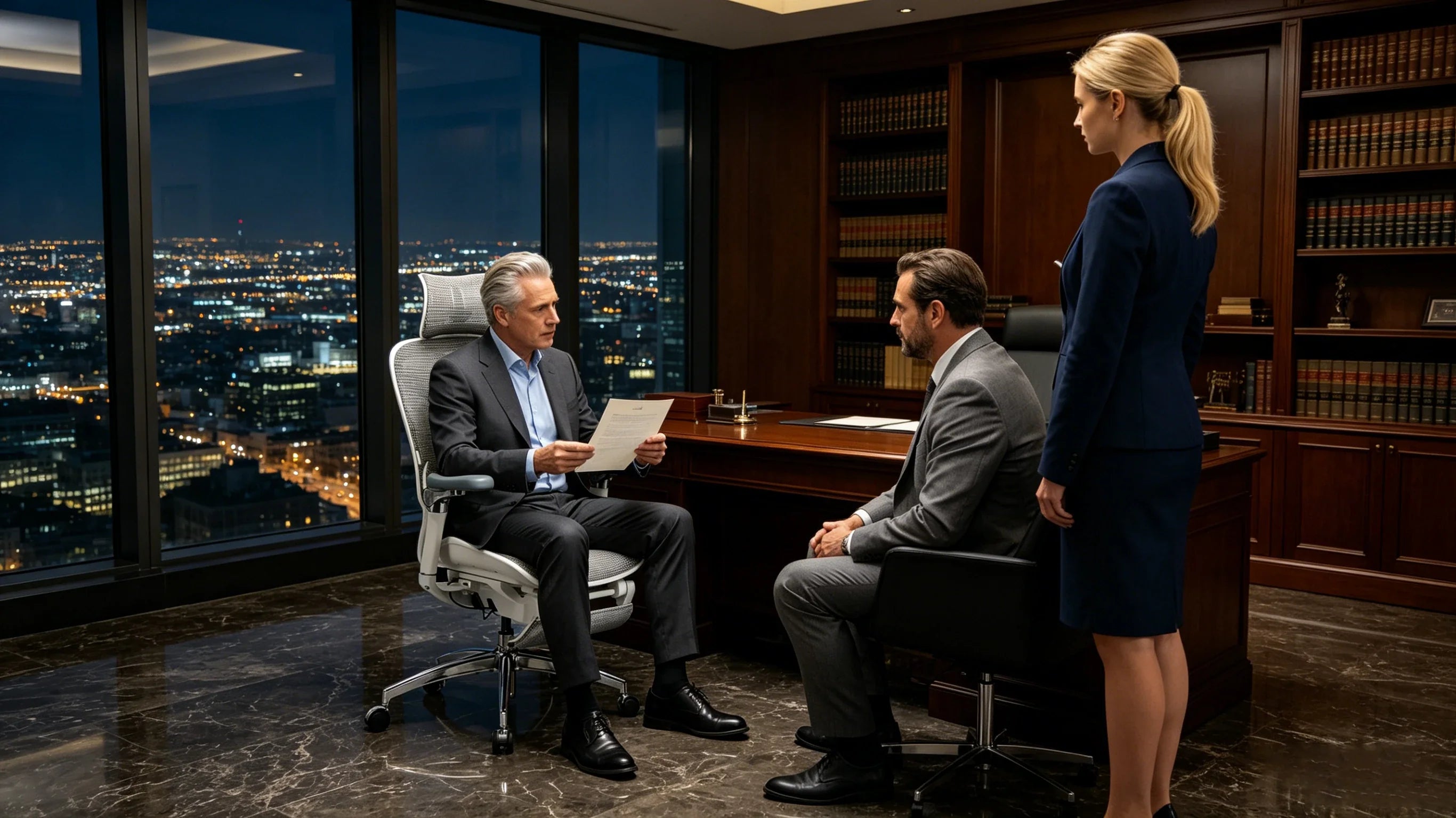 Full body view of a 48-year-old Caucasian male law partner in a charcoal suit sitting in the [best ergonomic office desk chair].
