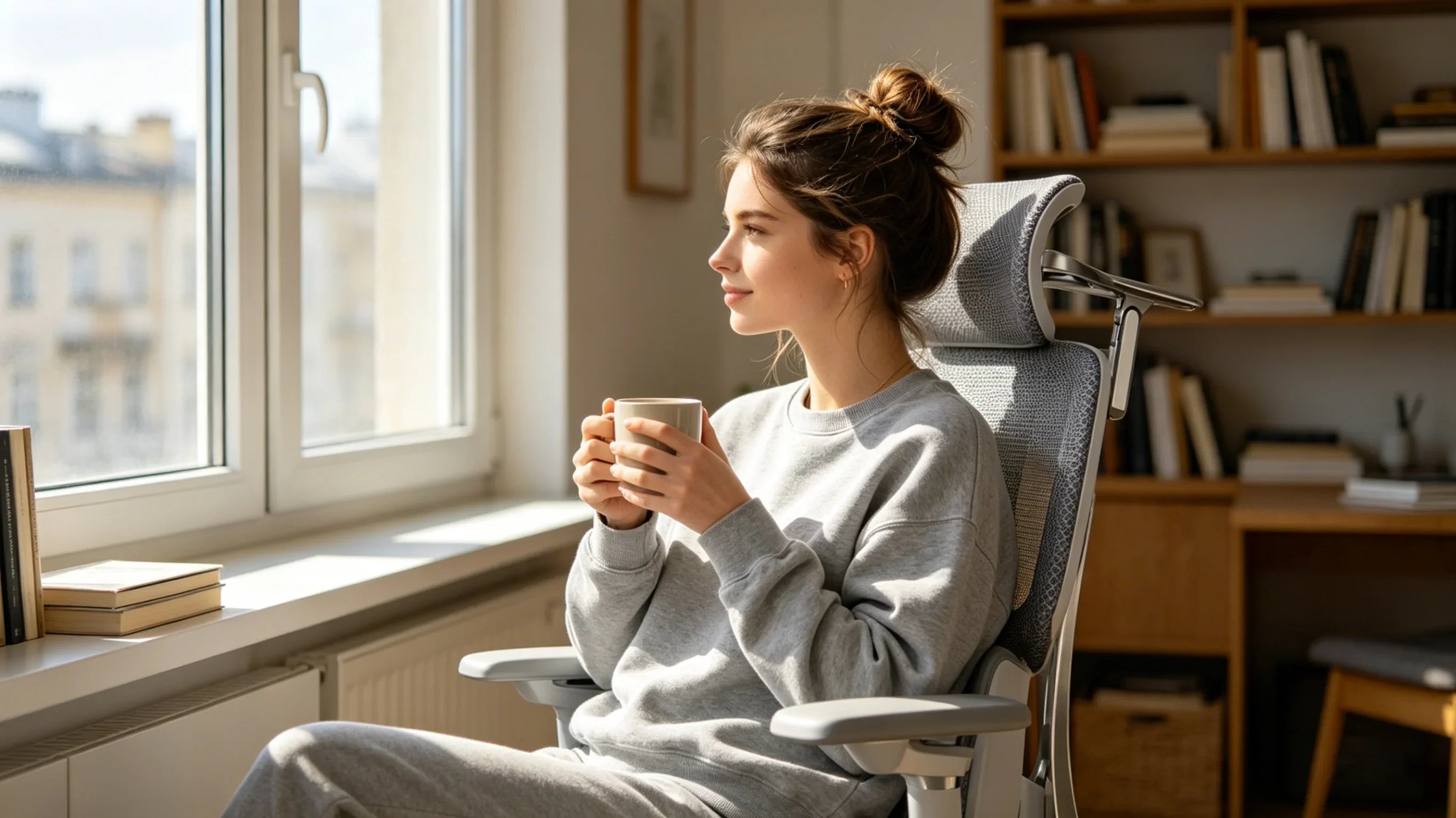 Chloe, a 26-year-old Caucasian writer, sitting in her [perfect desk chair] on a sunny morning.