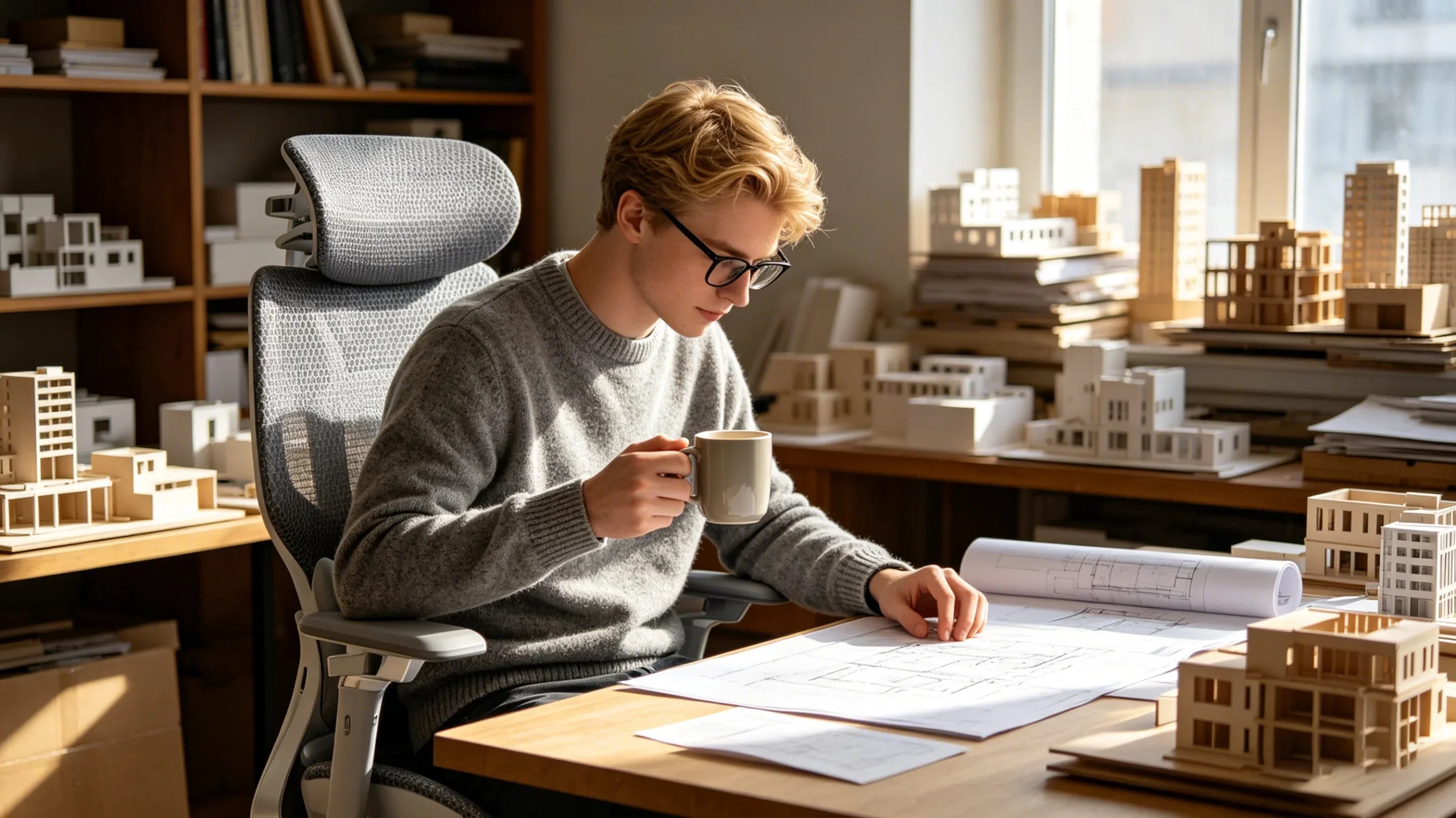 Leo, a 22-year-old Caucasian architecture student, drafting on the [best ergonomic study chair].