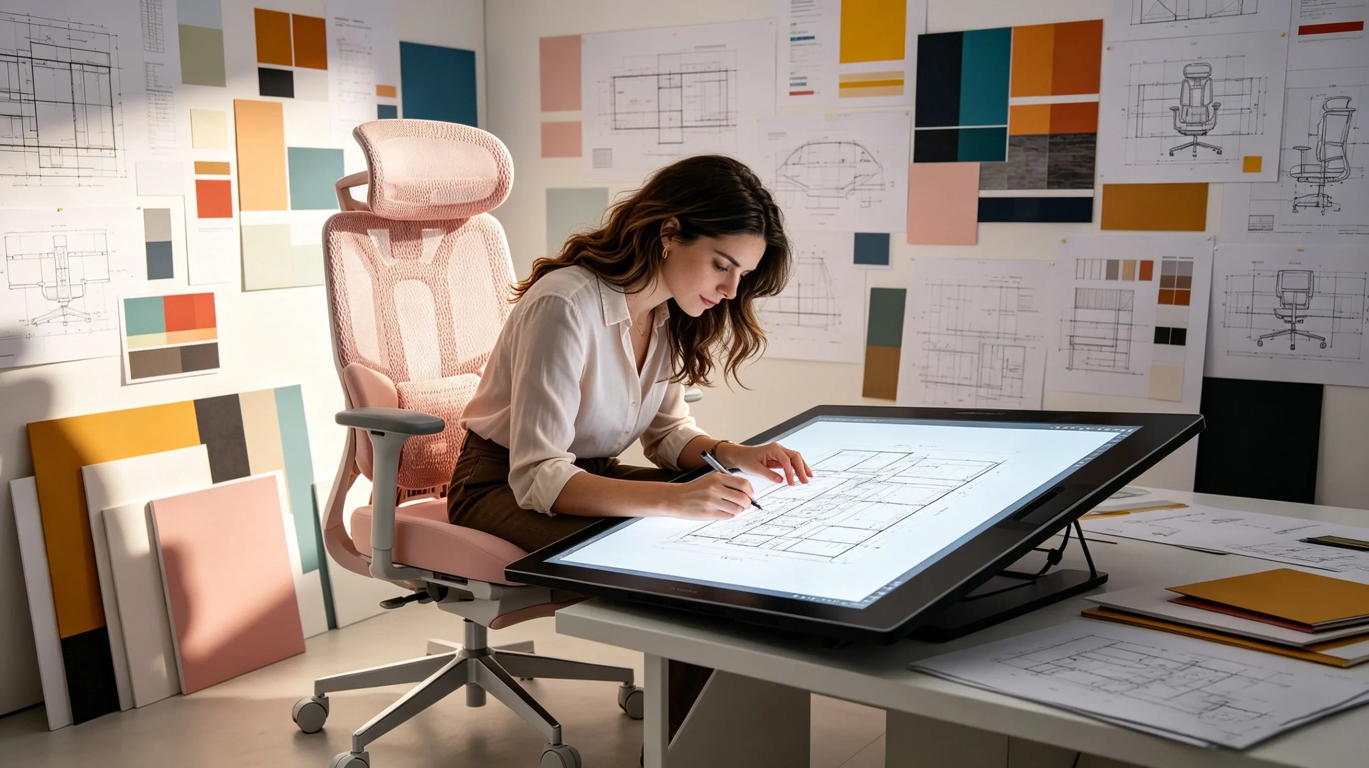 Interior designer Maya working at her desk in the pink [best ergonomic task chair].