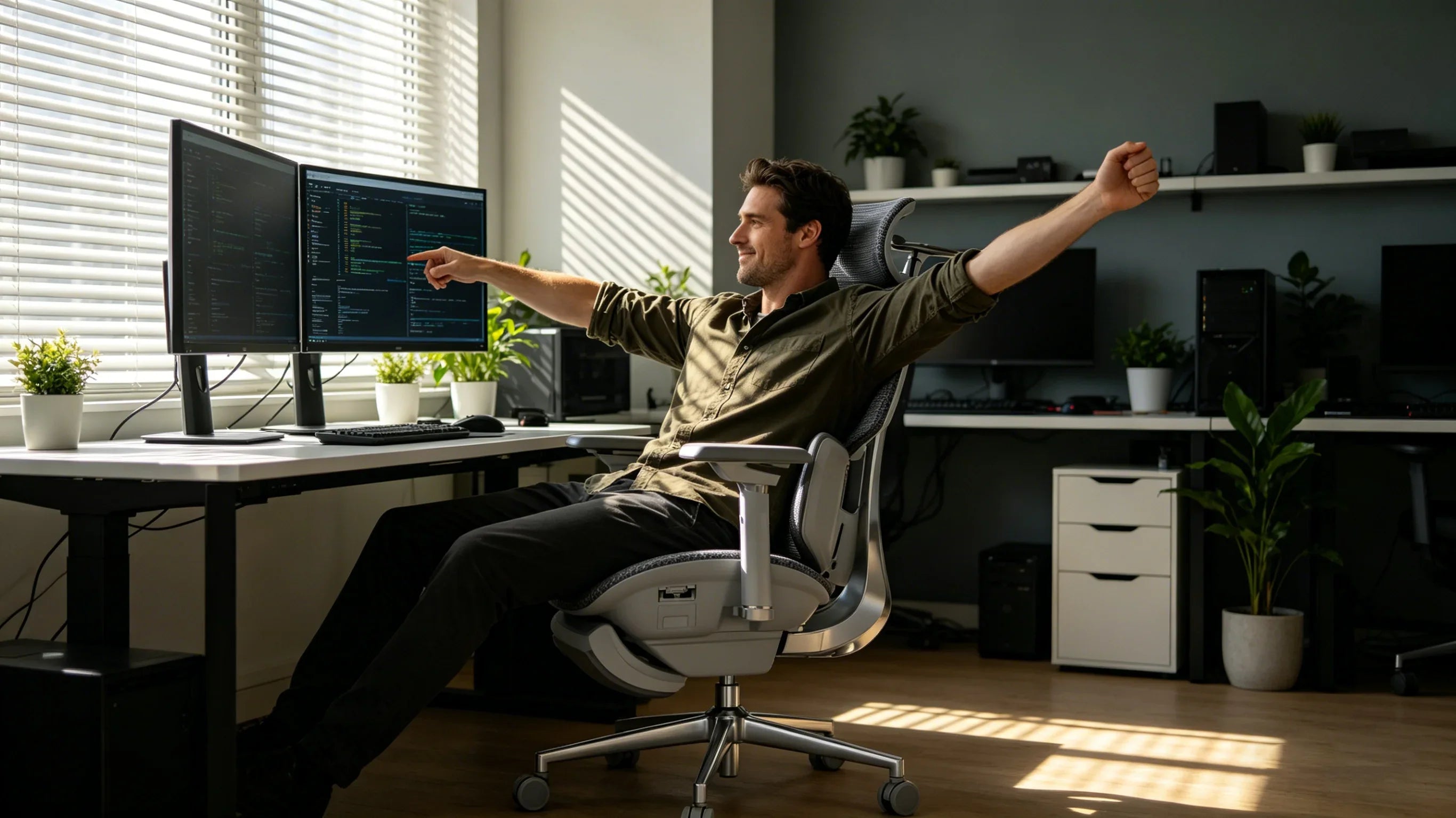 A European software engineer optimizing his workflow with the [**best ergonomic task chair**].