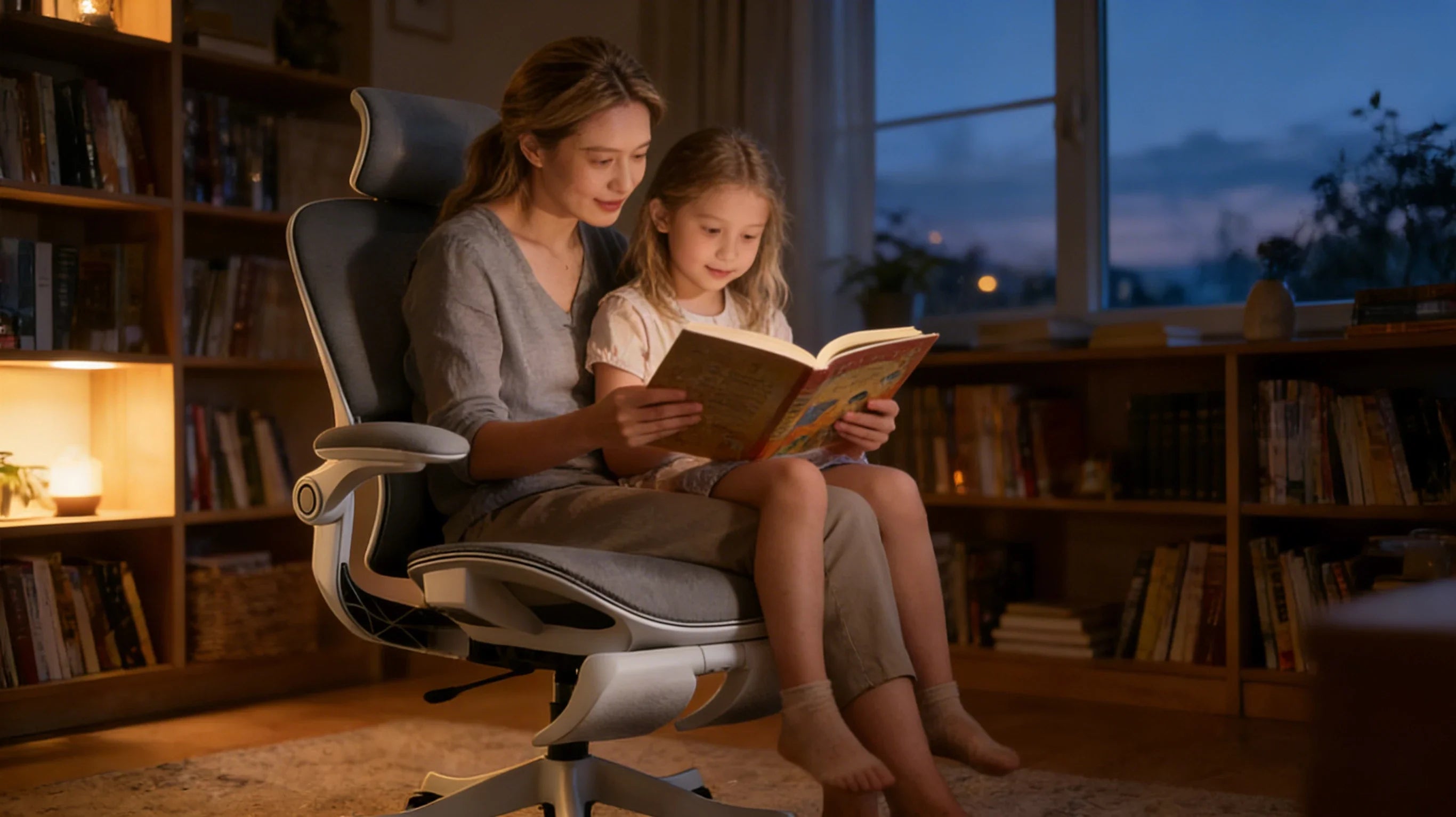 A mother and daughter in a bright home office, adjusting the lumbar support on a professional ergonomicoffice chair for better study posture.