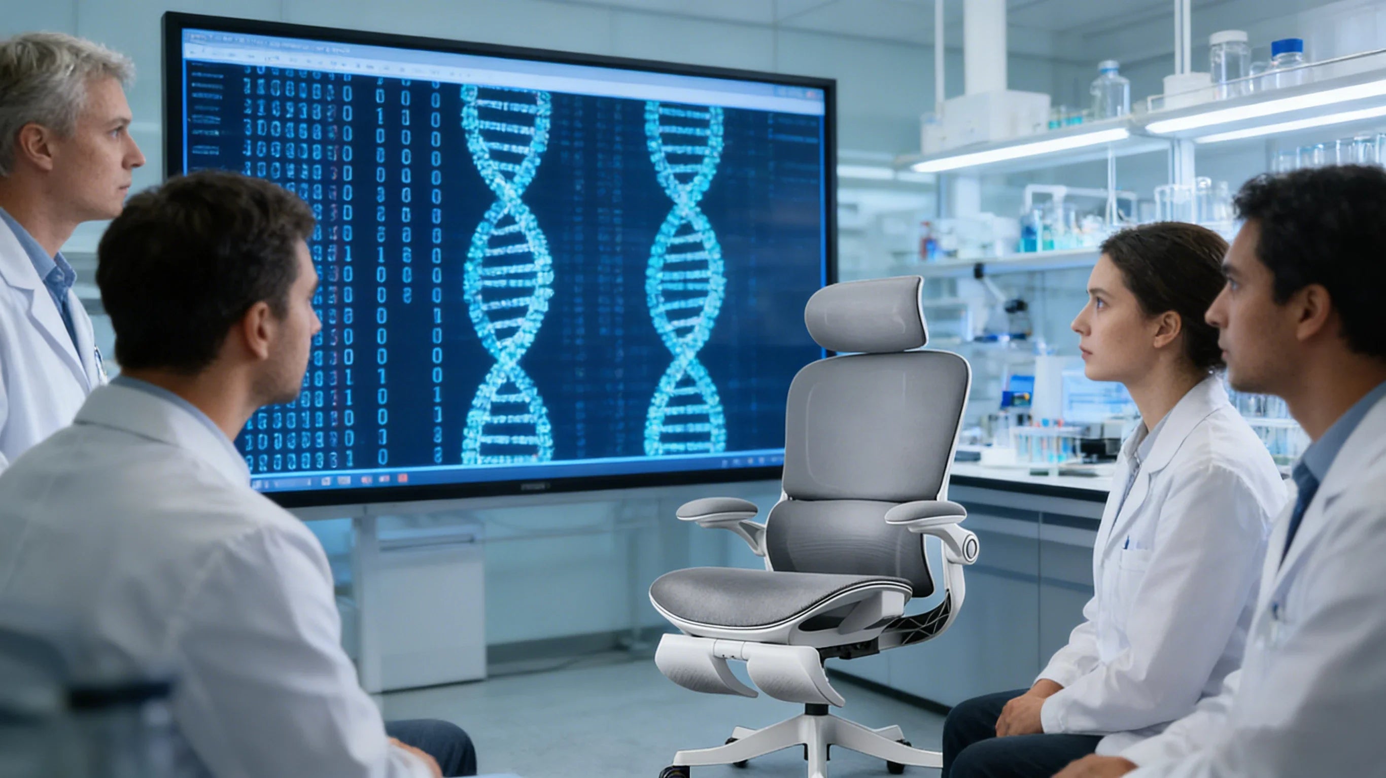 A team of researchers collaborating in a bright, modern laboratory setting using professional high-back ergonomics office chairs.