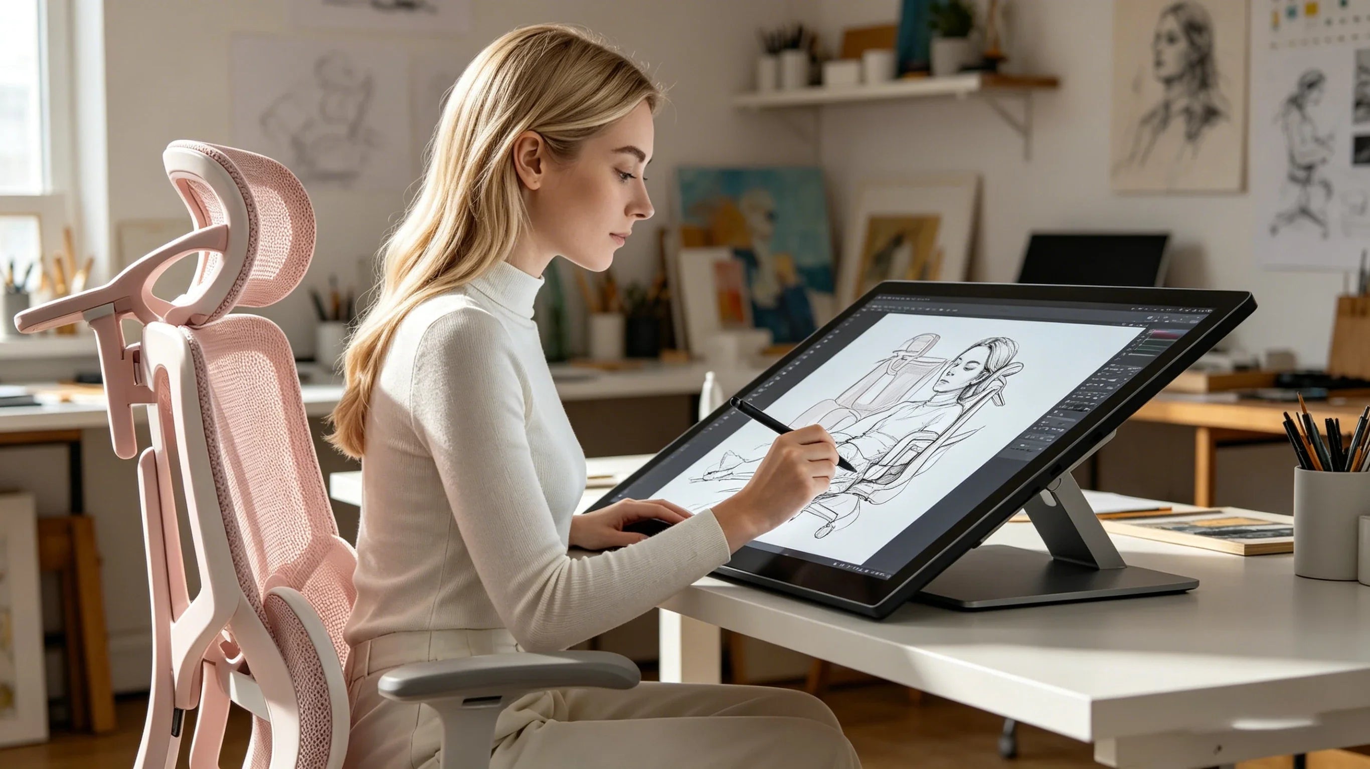 Sophie illustrating on her tablet while sitting in the [best gaming chair] in pink.