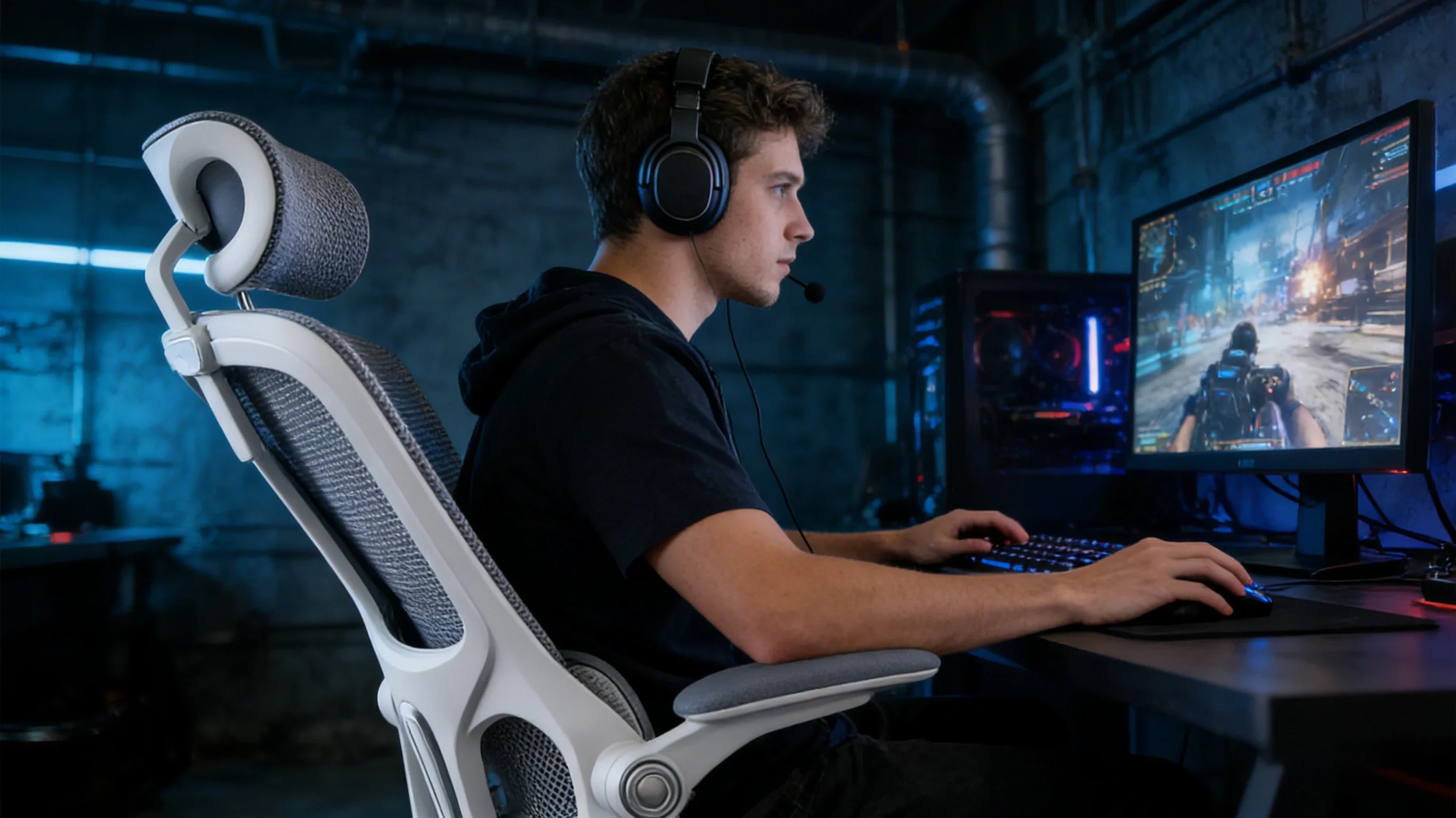 A focused eSports competitor seated in a sleek black gaming chair during an intense tournament simulation.