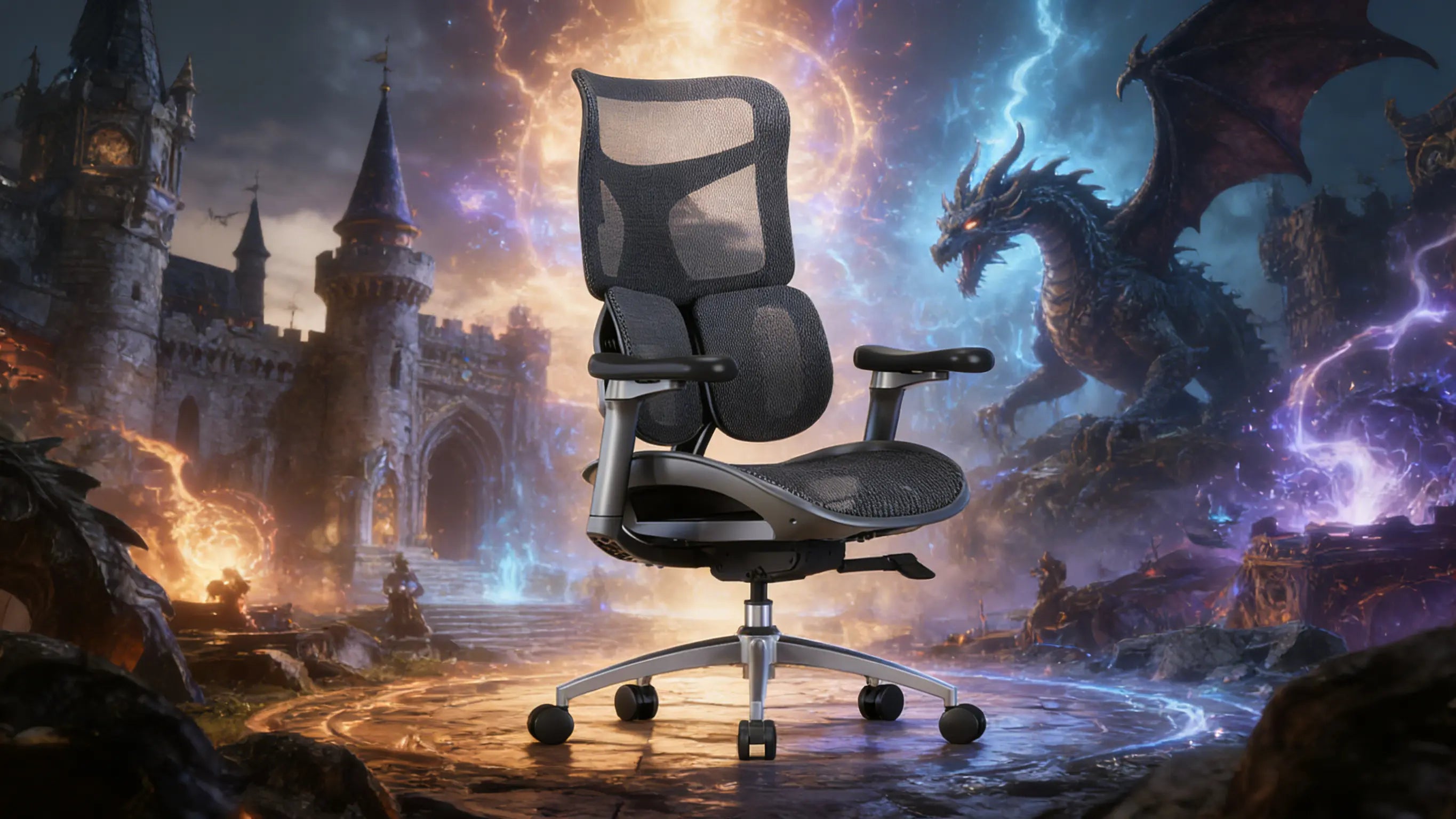 Side view of the Ergo Select Hybrid, the best gaming chair for spinal health, featuring responsive dual-wing lumbar support.