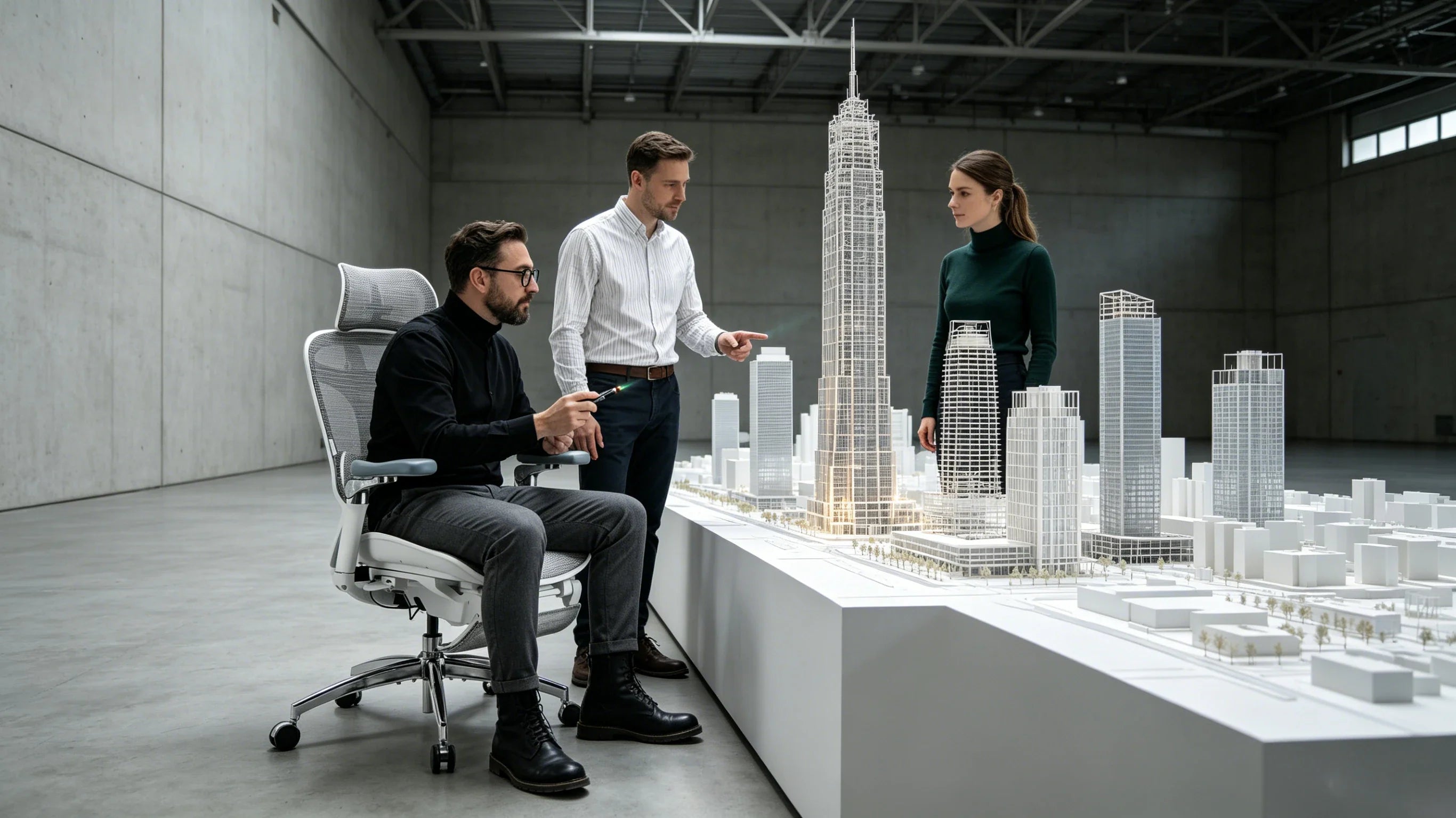 Full body view of a 46-year-old Caucasian male architect in a black stand-collar shirt sitting in the [best office armchair].