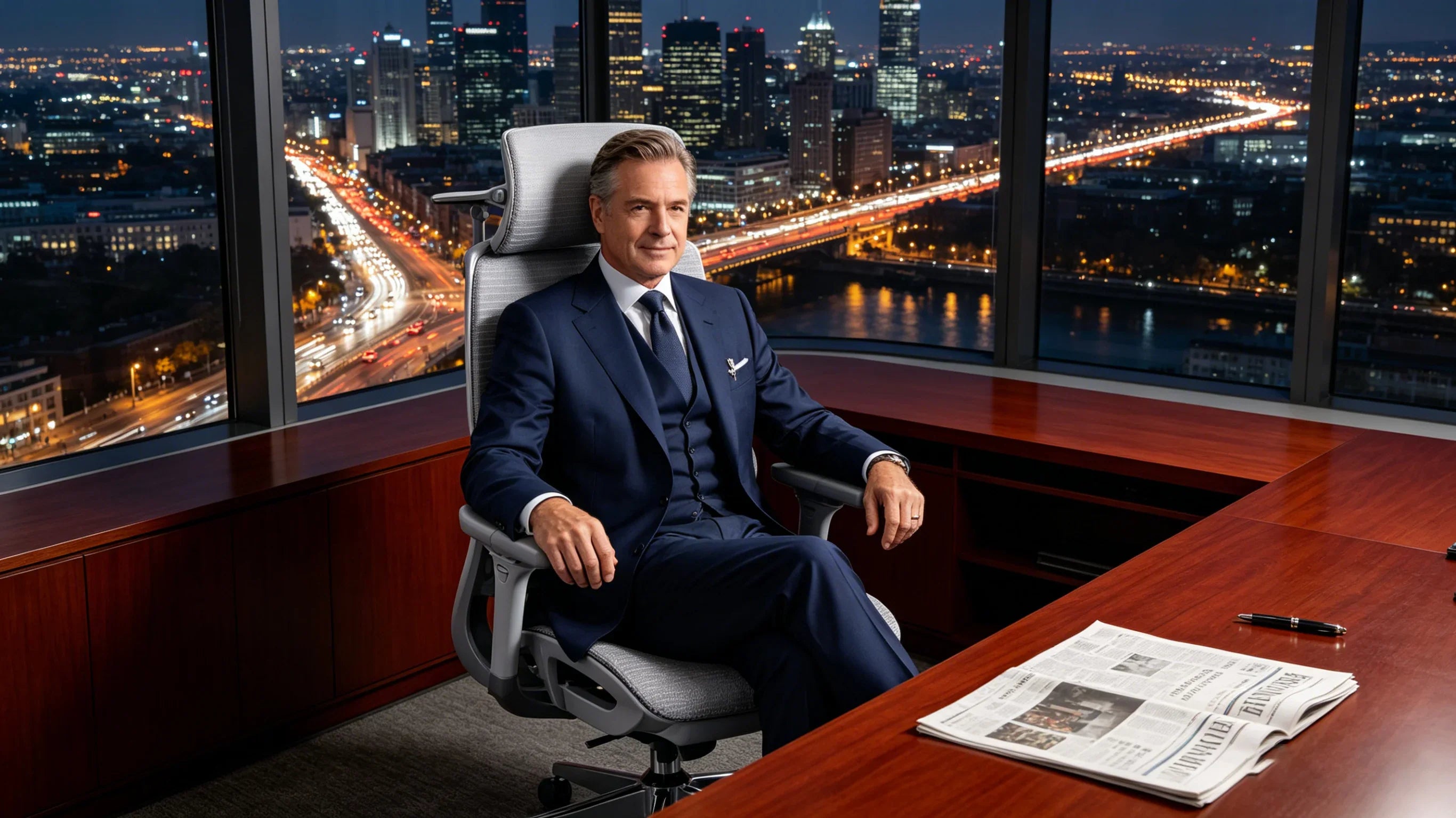 A senior European executive relaxing in the [**best office armchair**] with a city skyline background.