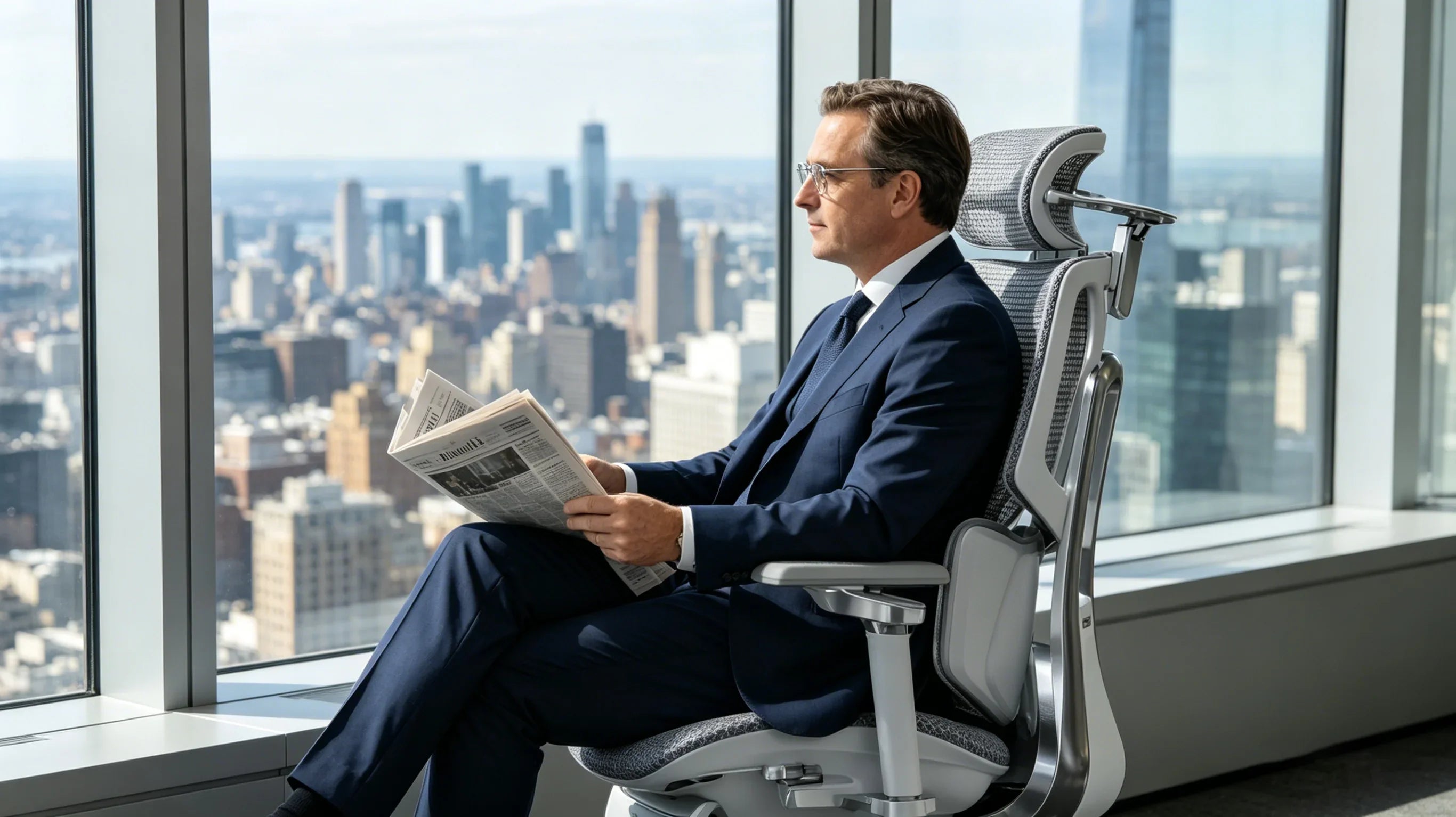 James E., an 45-year-old Caucasian analyst, sitting in the [best office armchair] with a financial newspaper.