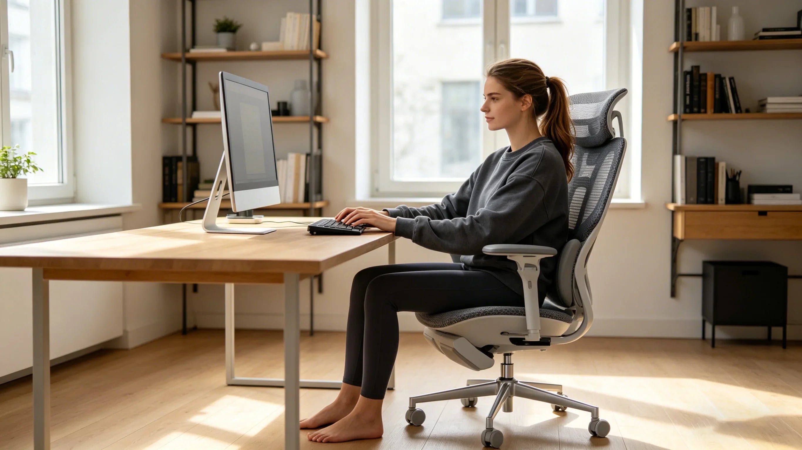 Front view of a female writer using the AI-720 [best office chair for long hours] in a bright home office.