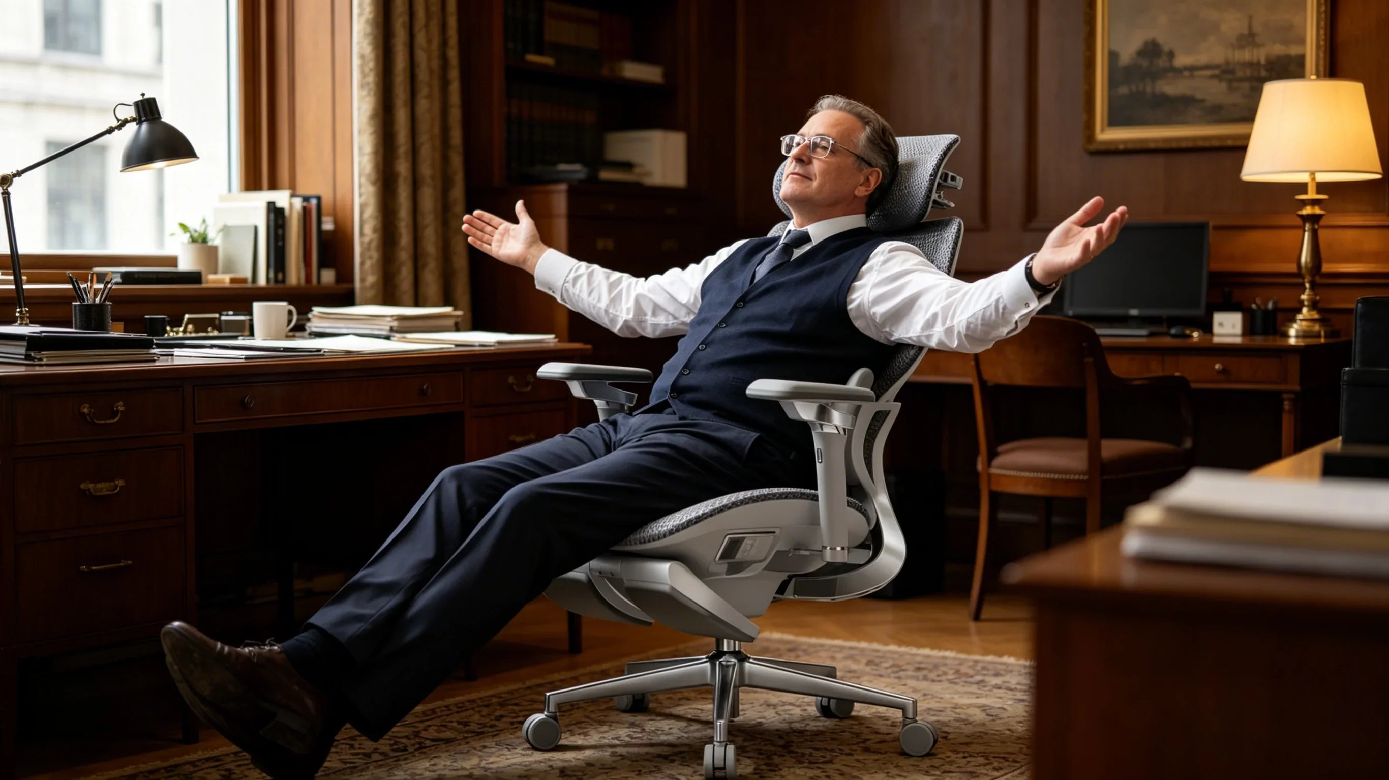 A European ergonomic auditor verifying the [**best office desk chair for back pain**] in a lab.
