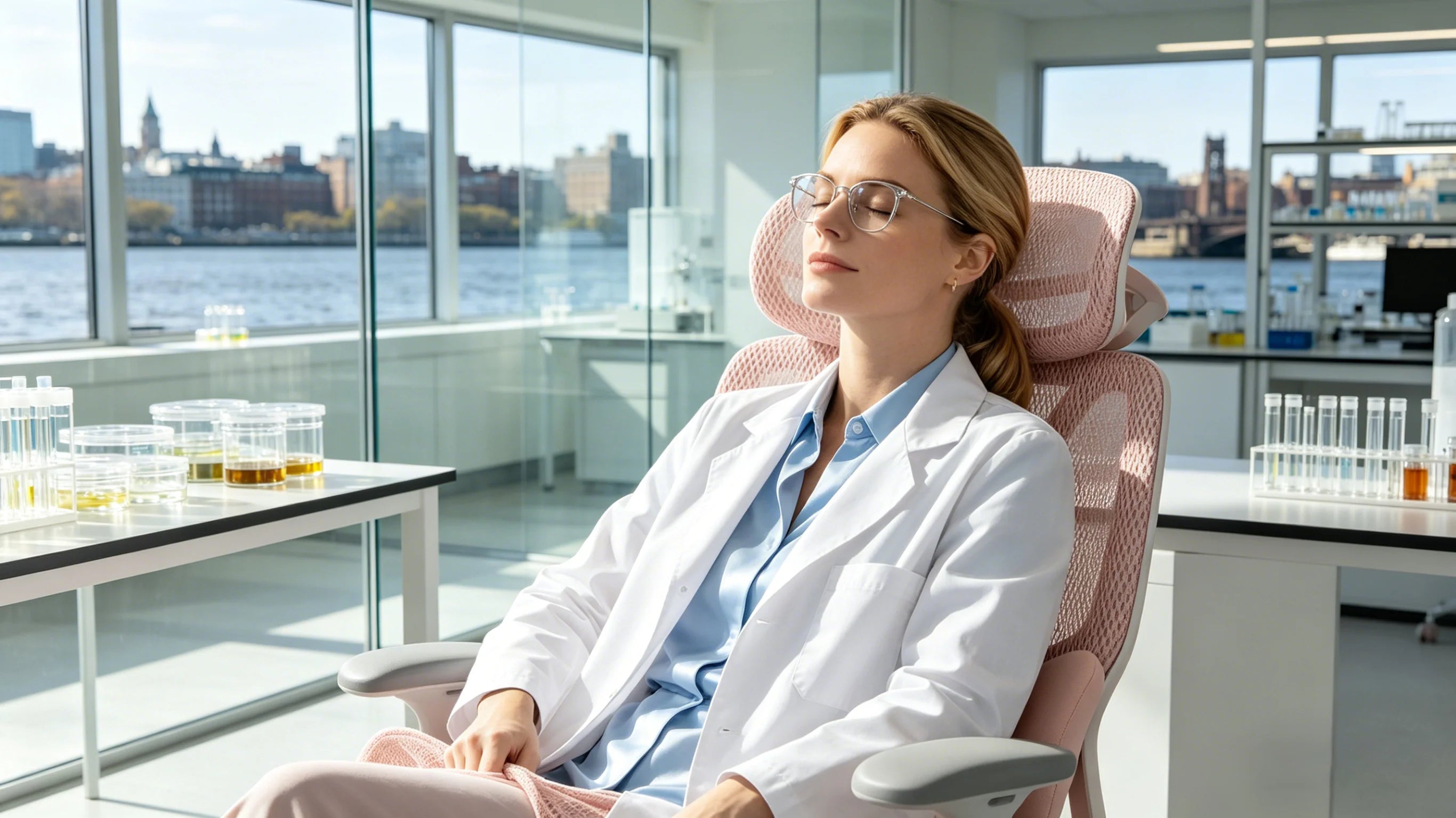 Dr. Chloe in her Boston biotech office with the [best office task chairs] in rose pink.