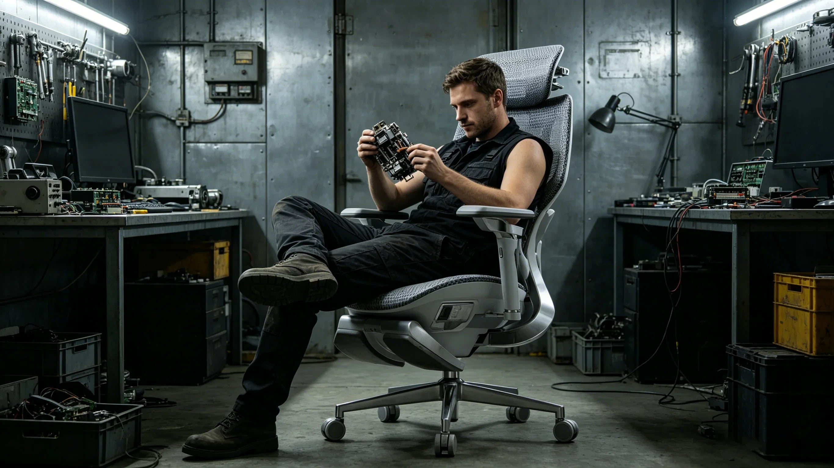 A European hardware enthusiast inspecting the internal mechanics of the [**best officechair**].