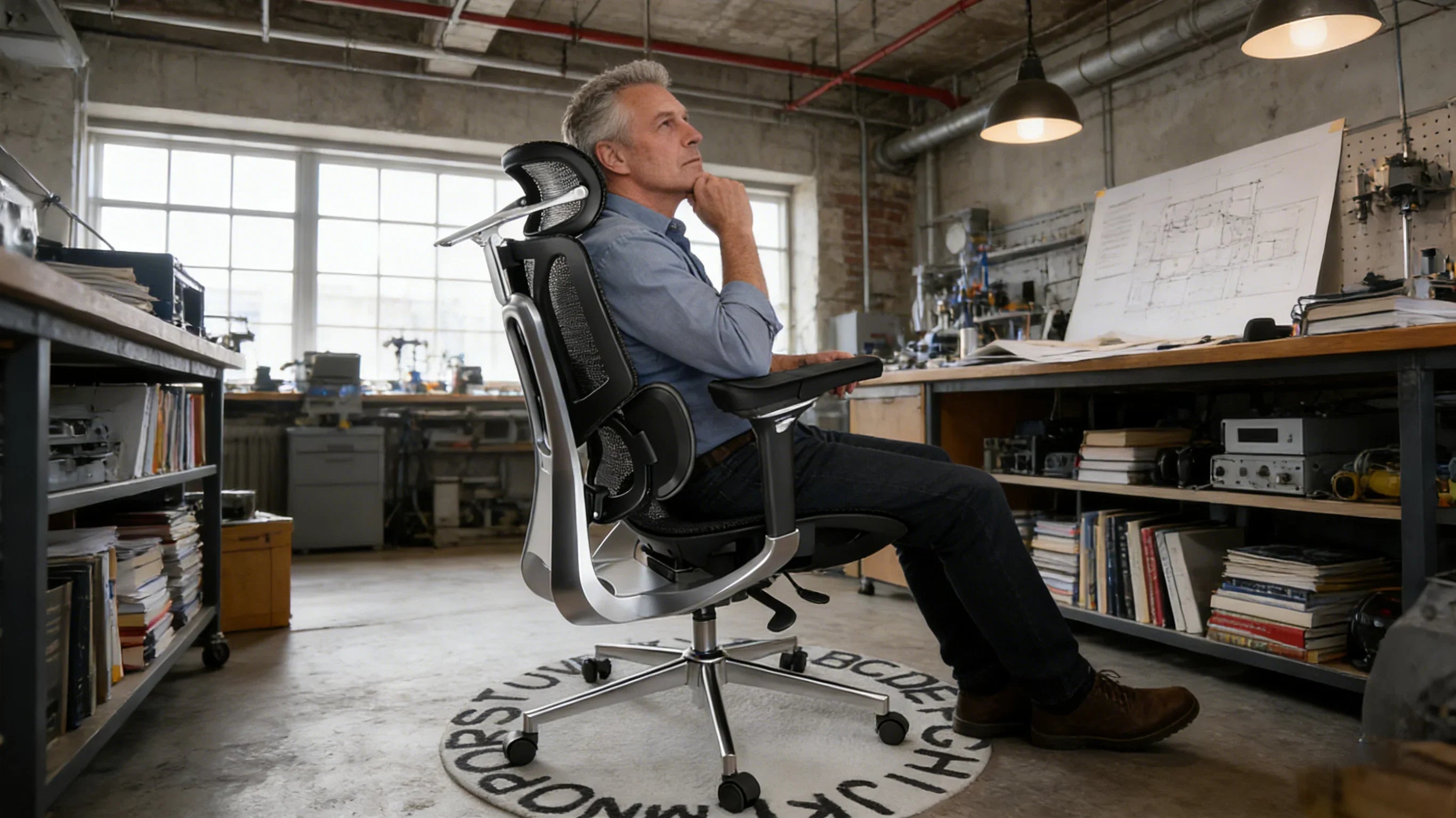 A senior European engineer inspecting the [**best officechair**] in a lab.