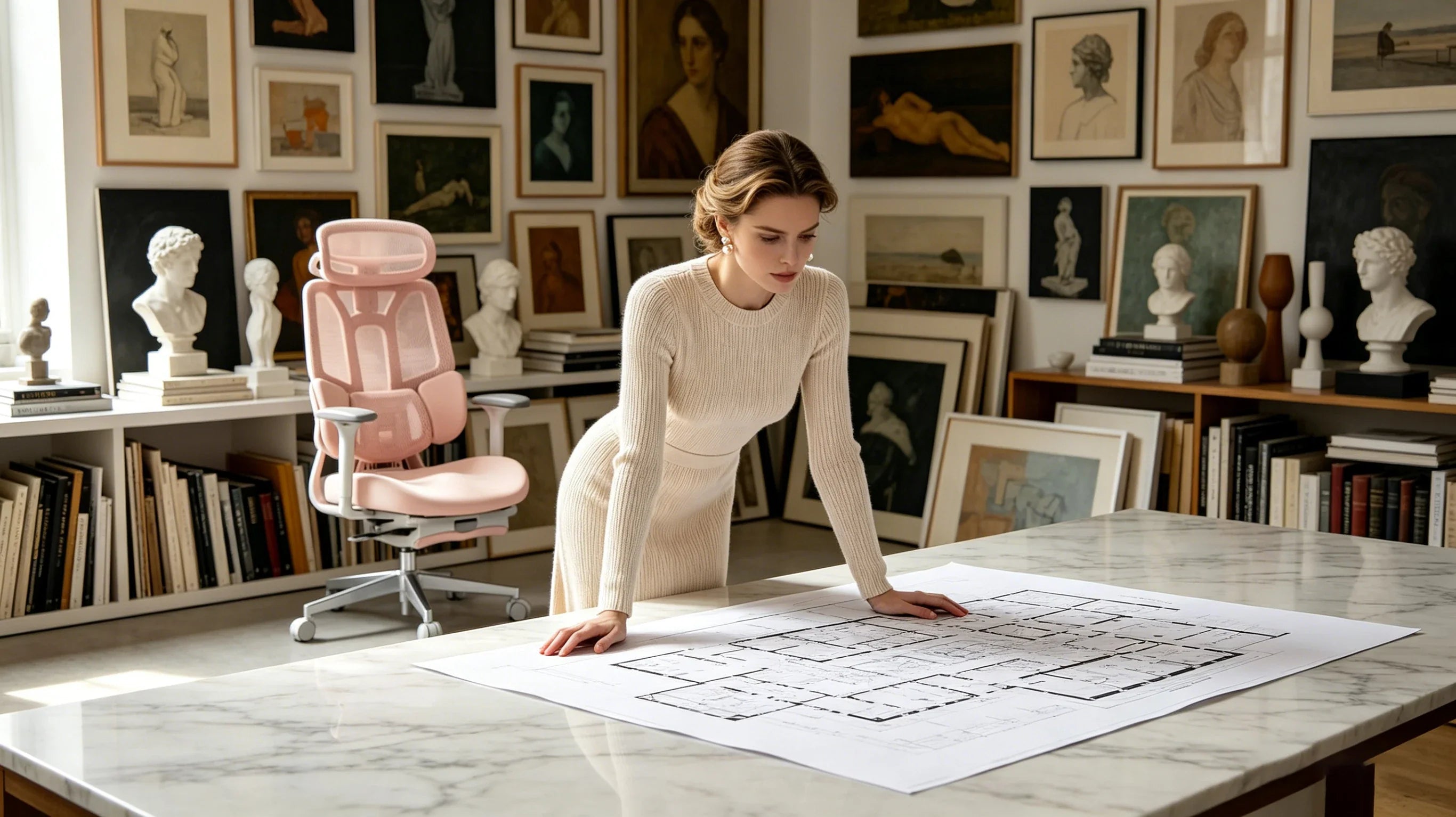 Grace planning an exhibition while seated in the pink [best officechair].