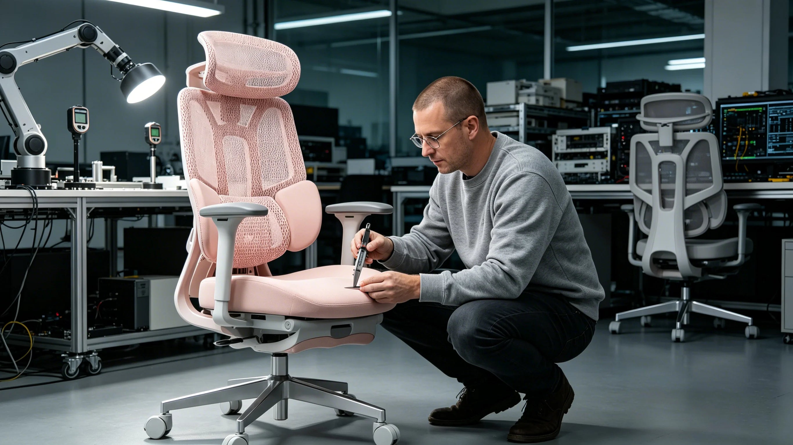 Marcus examining the AI-720 [best rated ergonomic chair] in his New York review lab.