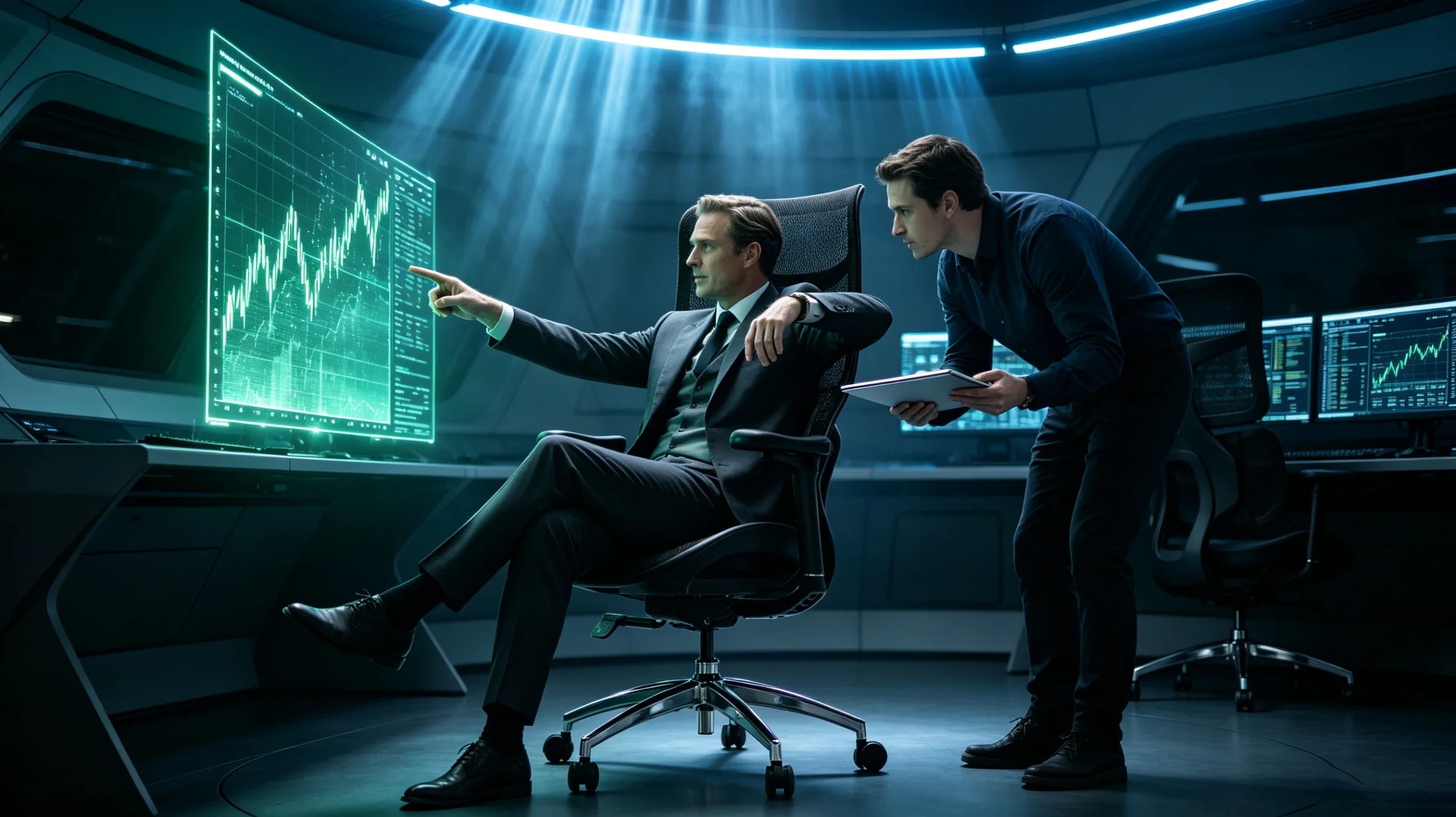 Full body shot of Gideon Vance leaning back intently in the [best rated ergonomic chair] at a carbon fiber trading station, complete figure with zero cropping.