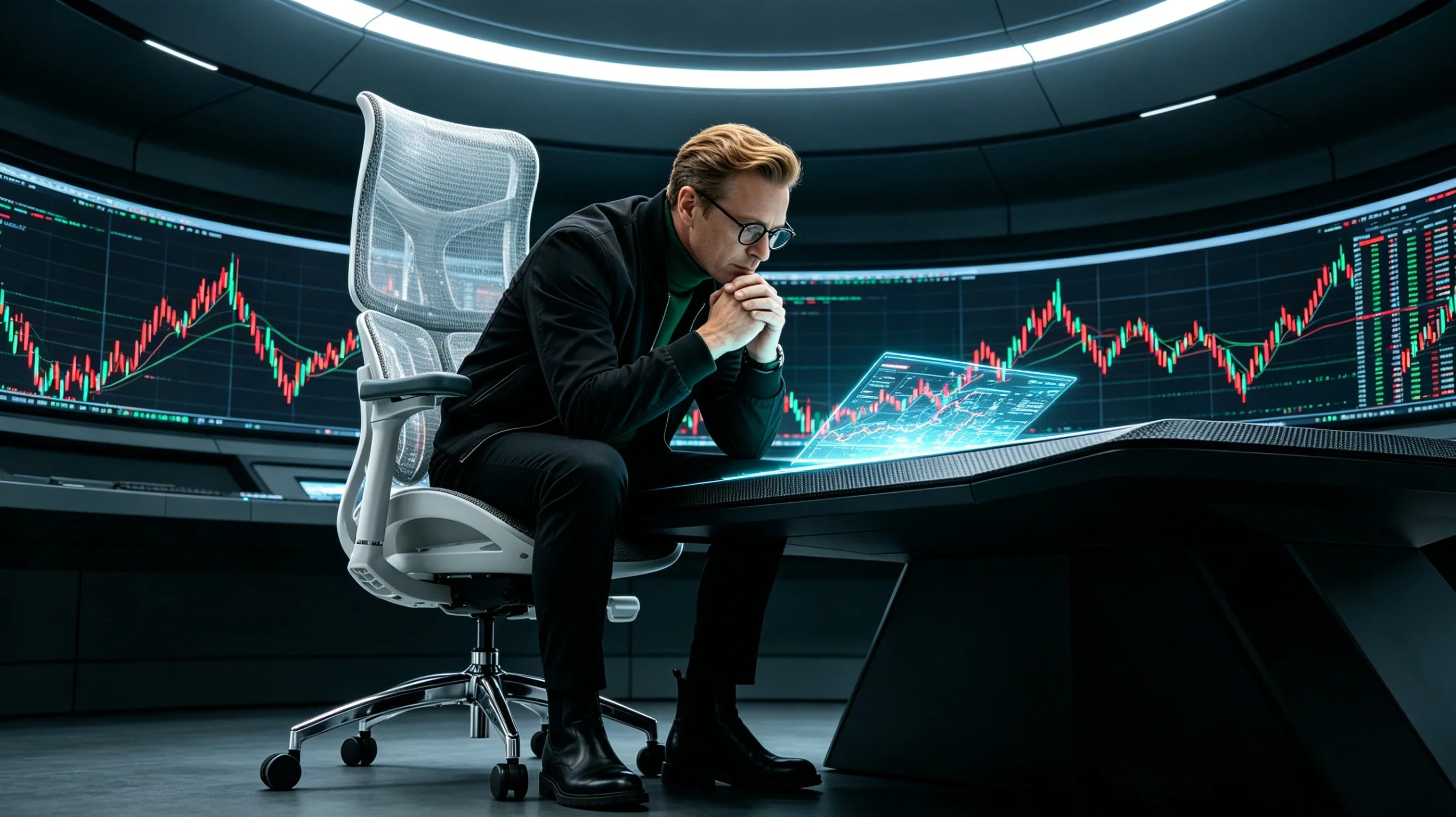 Full body shot of Gideon Vance leaning over the carbon fiber trading station from the [best rated ergonomic chair], complete figure with zero cropping.