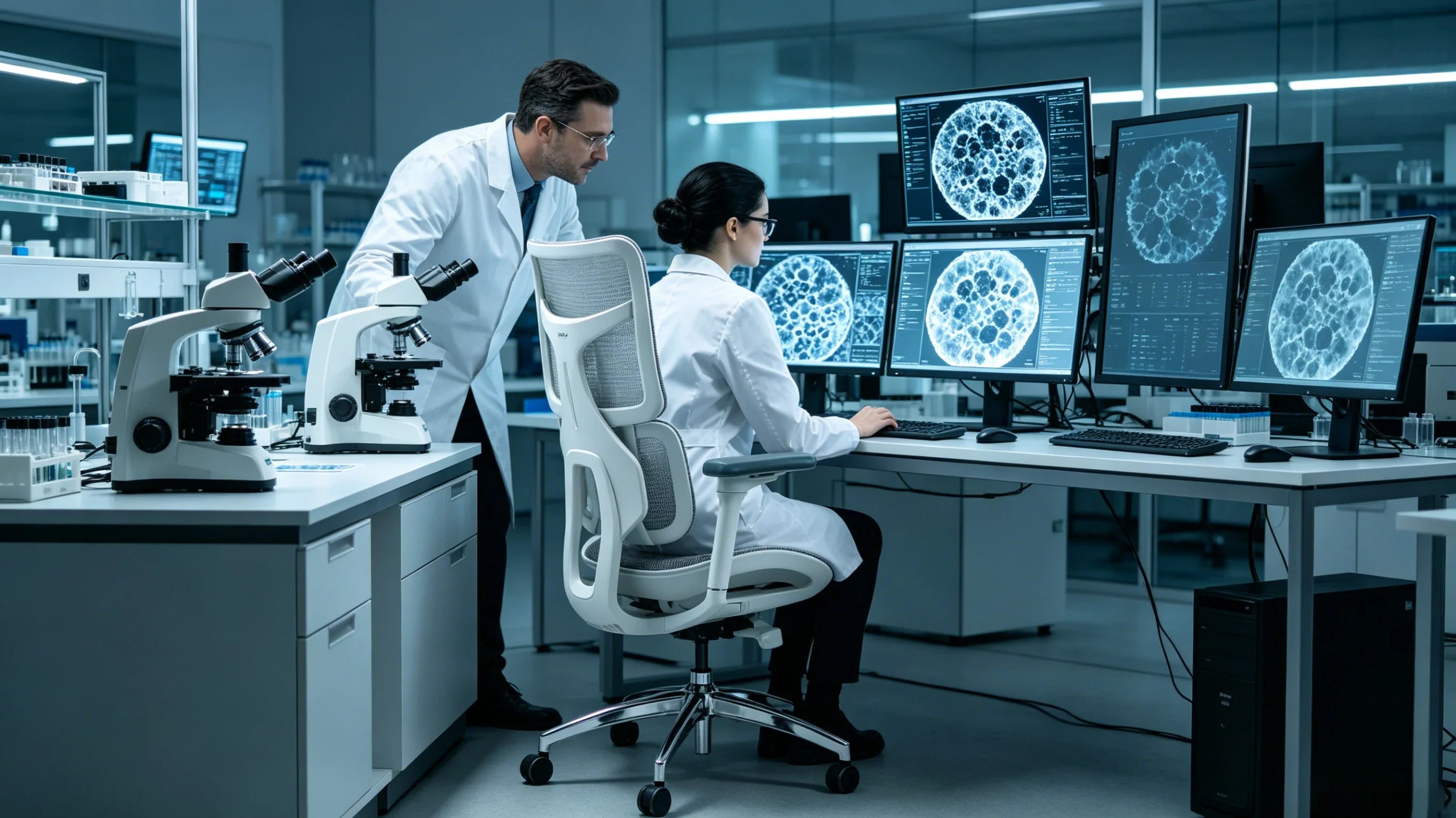 Full body view of Dr. Elias Vance standing in a futuristic bio-tech laboratory next to a high-end minimalist ergonomic office chair.