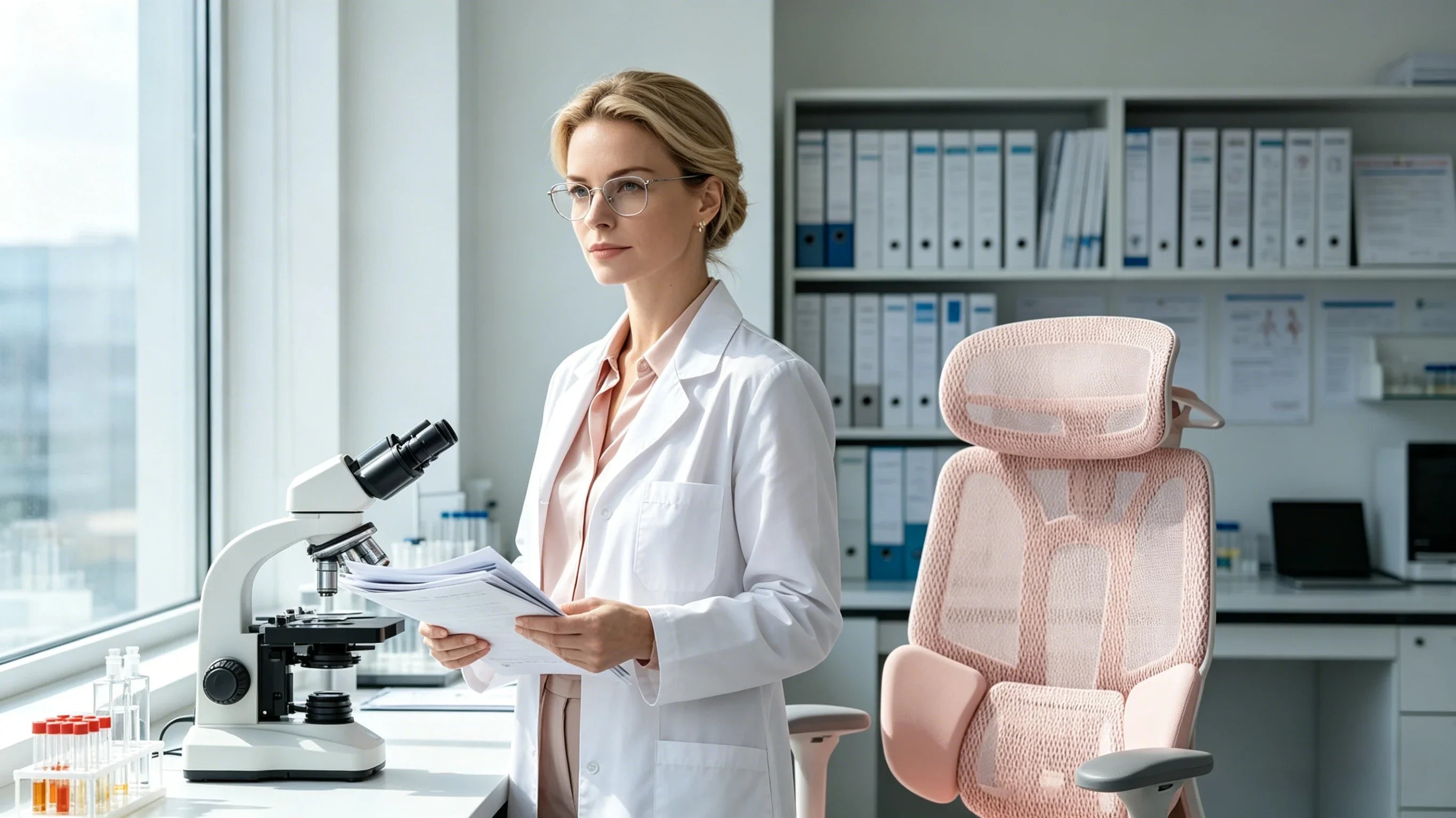 Dr. Sophie analyzing data in the pink [best rated ergonomic office chair].