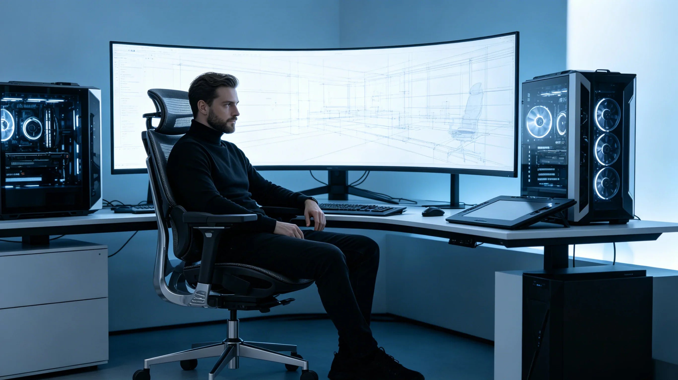 A professional European 3D architect sitting in the [**best workstation chair**] during a rendering session.