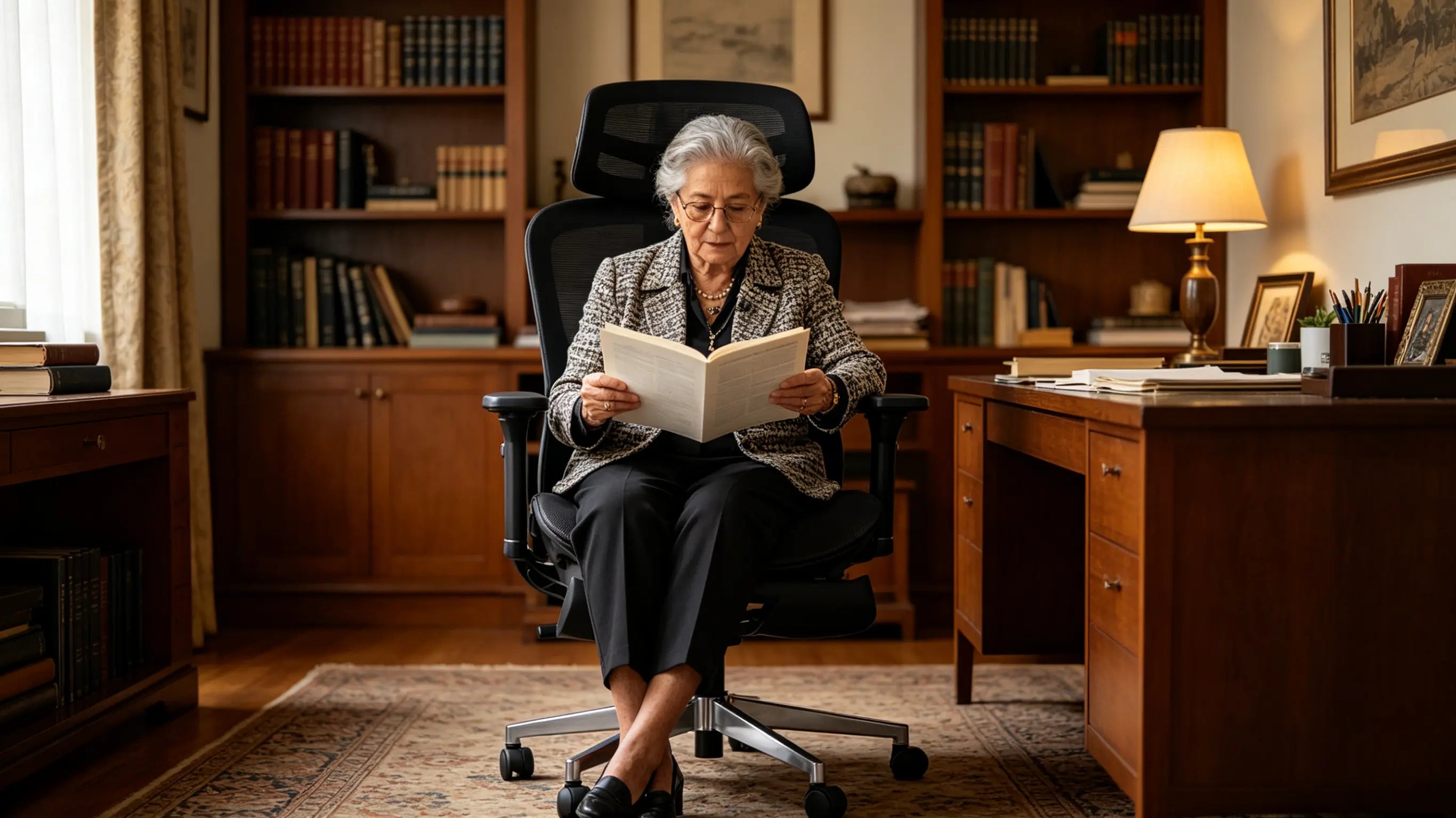 La doctora Carmen, escritora de 76 años, revisando manuscritos médicos en su silla ergonómica de oficina Ergo Select en su biblioteca de Barcelona.