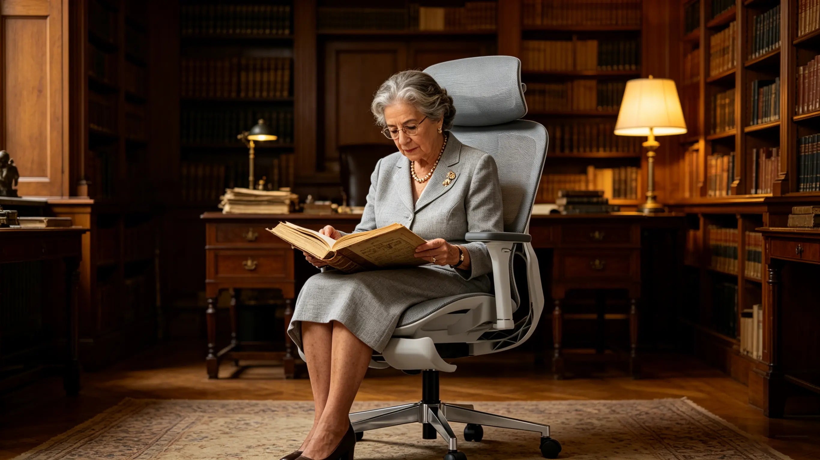 El profesor Tomás, escritor de 72 años, investigando crónicas históricas en la mejor silla ergonómica de escritorio Ergo Select en su biblioteca de Madrid.