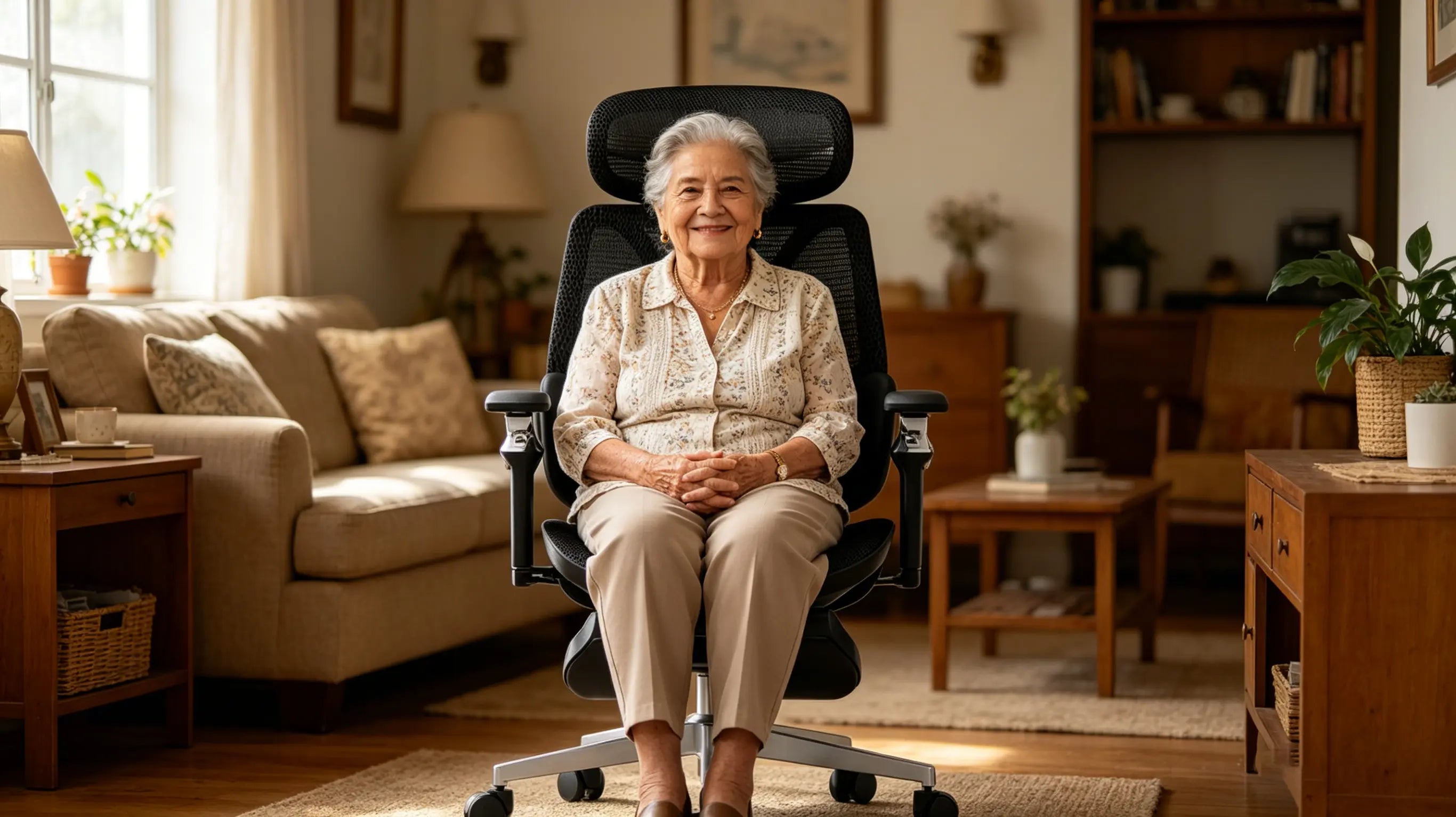 El reposacabezas ajustable de Ergo Select proporcionando soporte cervical vital para personas de la tercera edad.