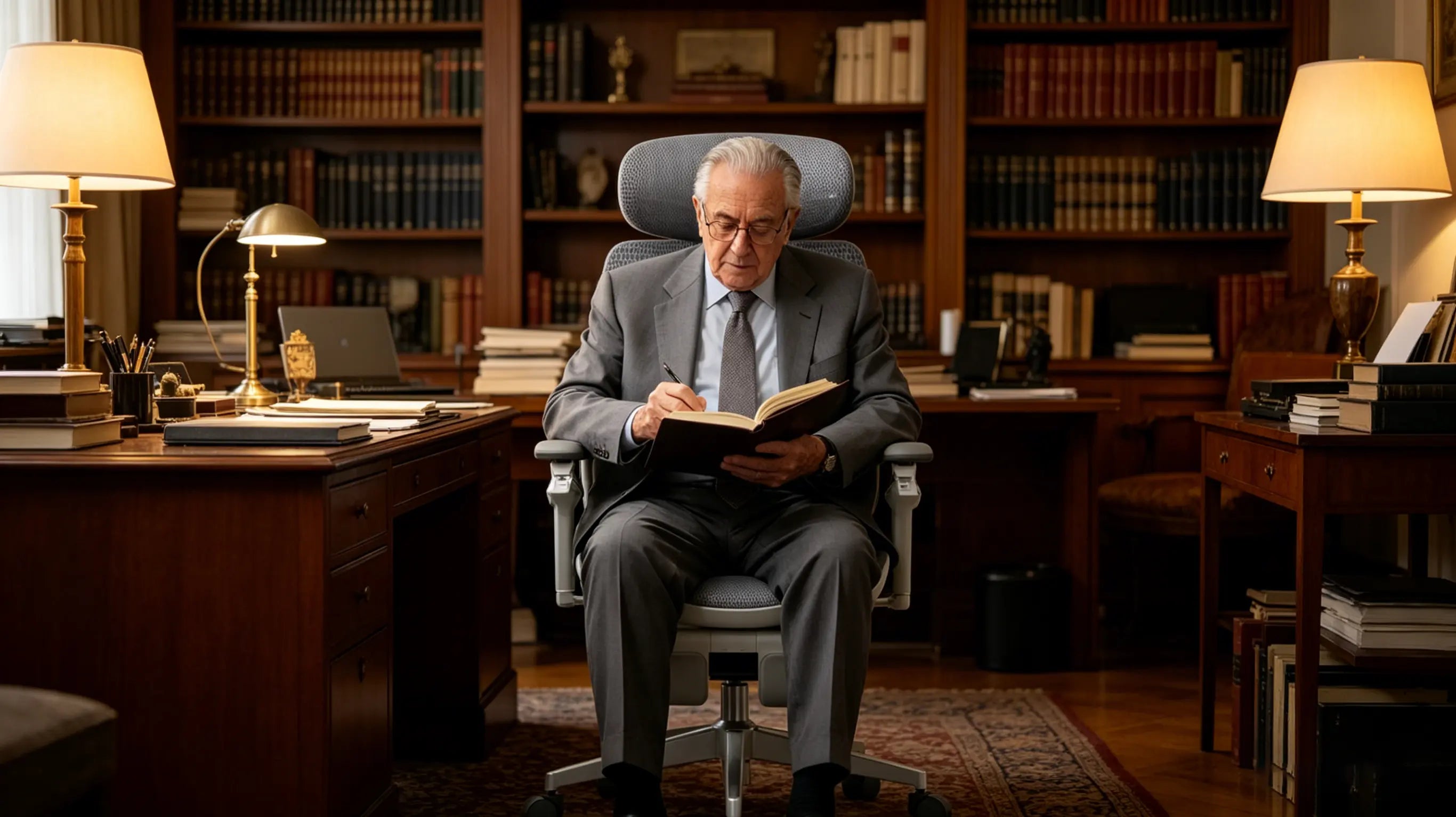 Don Felipe, exdiplomático de 78 años, redactando sus memorias sentado en su silla Ergo Select con soporte lumbar ajustable en Mallorca.