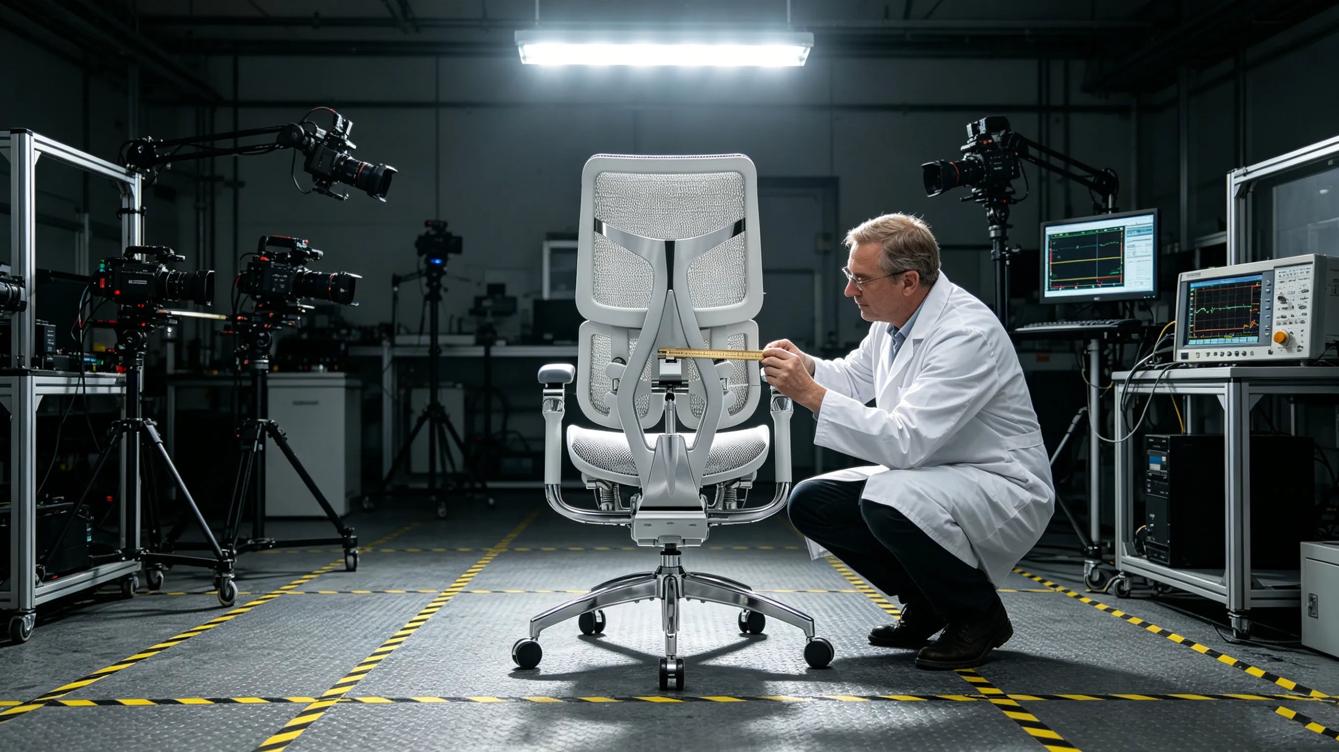 A senior Caucasian forensic expert standing beside great ergonomic office chairs inside a gothic law library hall.