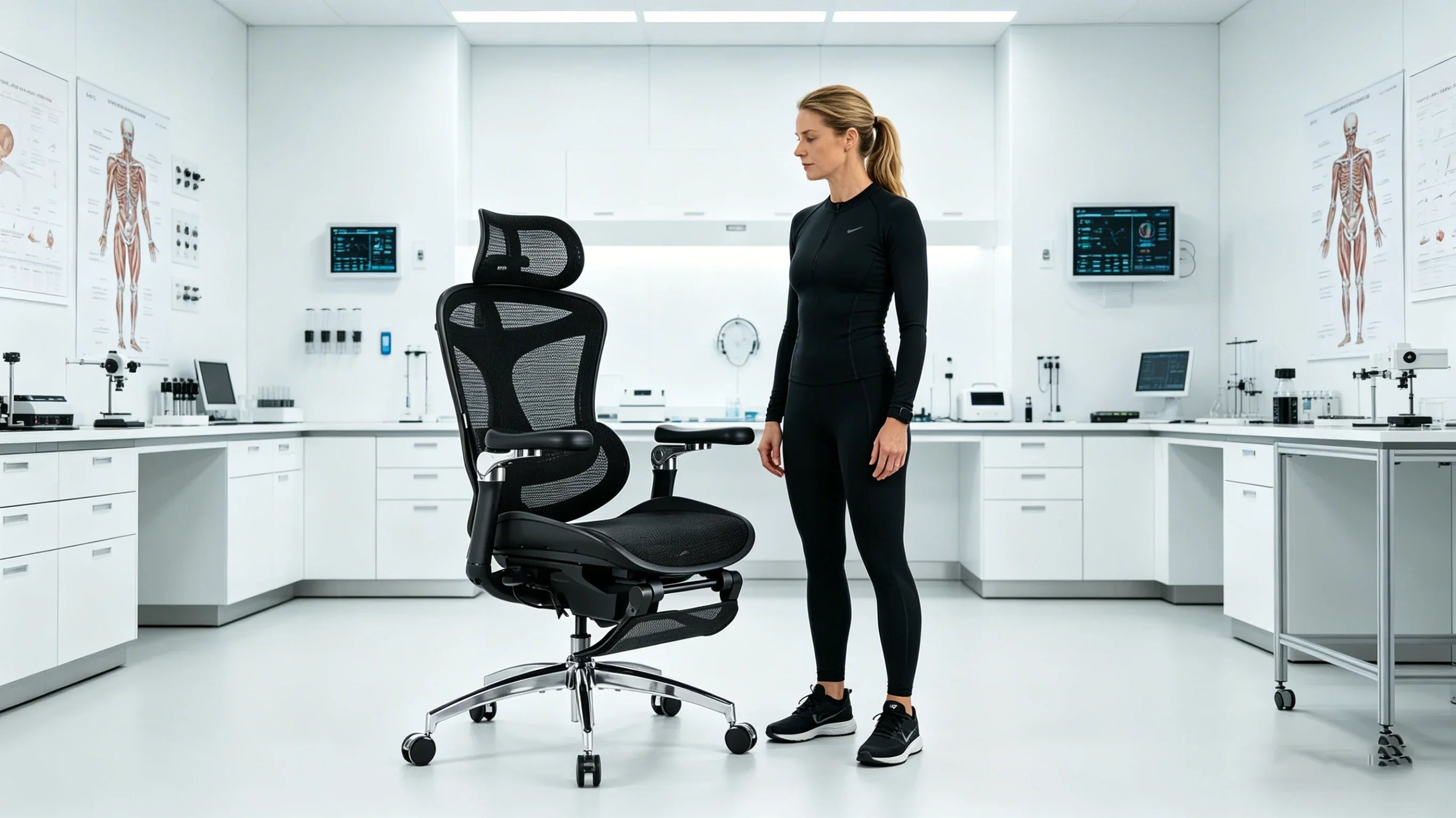 Full view of a 35-year-old biomechanics expert standing next to the [top rated ergonomic office chair] in a high-tech lab.