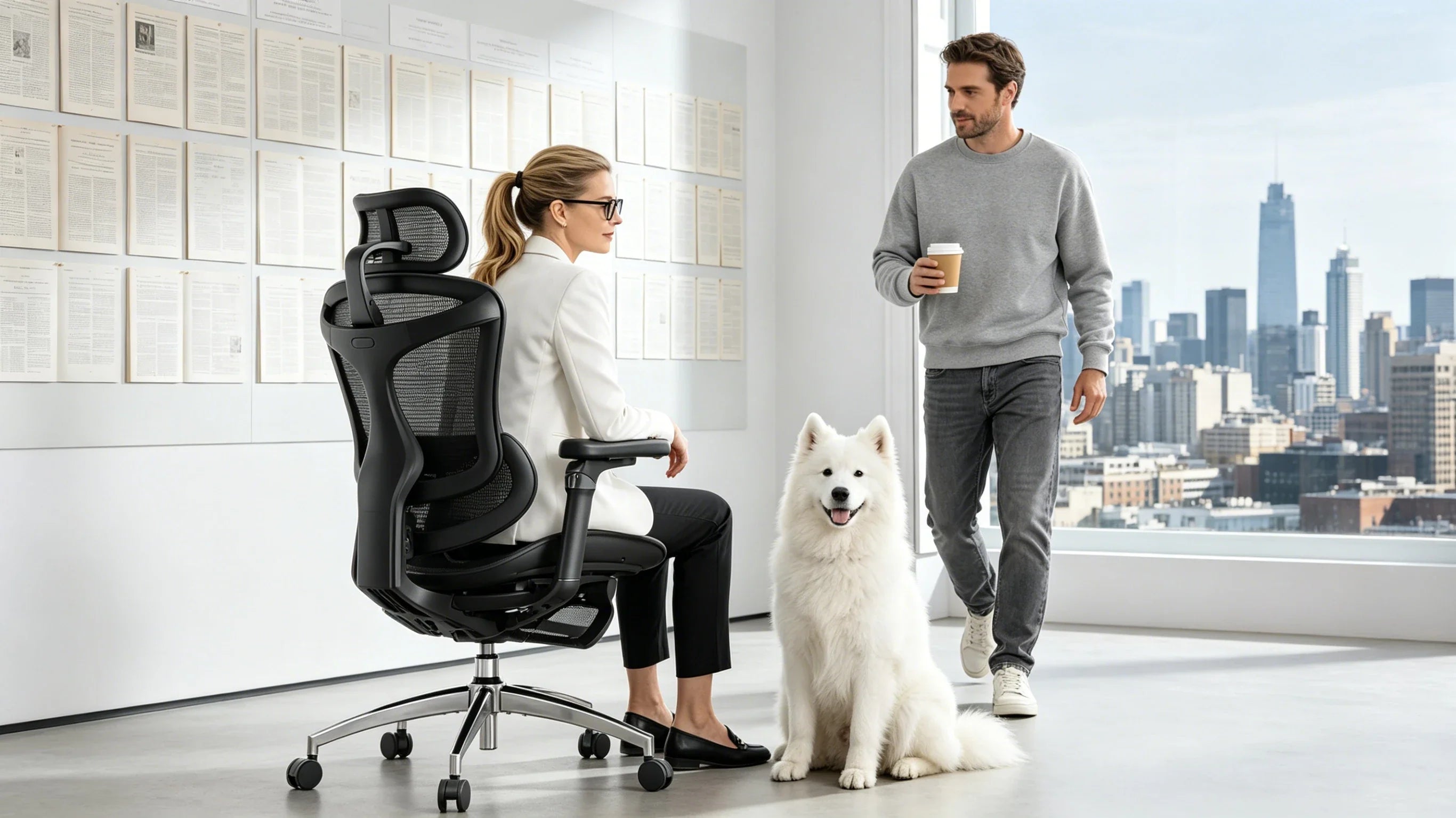 Full body view of a 44-year-old Caucasian female scientist in a white lab-style blazer sitting in the [good chair for back pain in office].